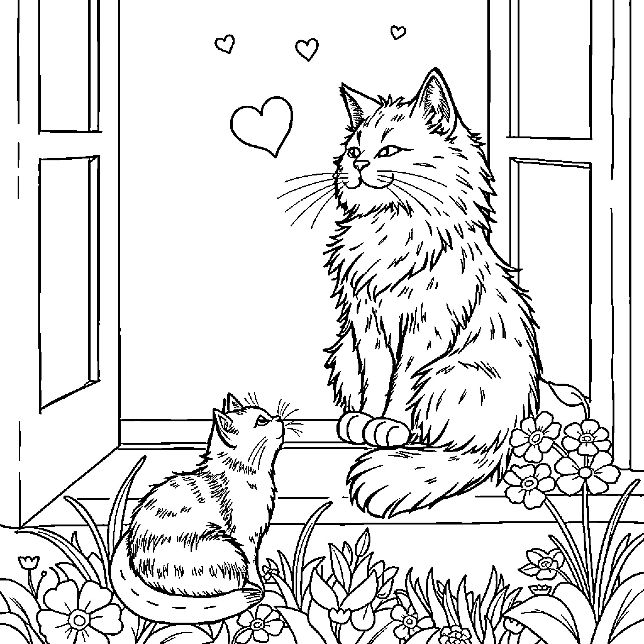 Cats in Contemplative Mood Coloring Page (free black-and-white line drawing printable PDF for all, from beginners to advanced learners, including children, teens, adults, and seniors)