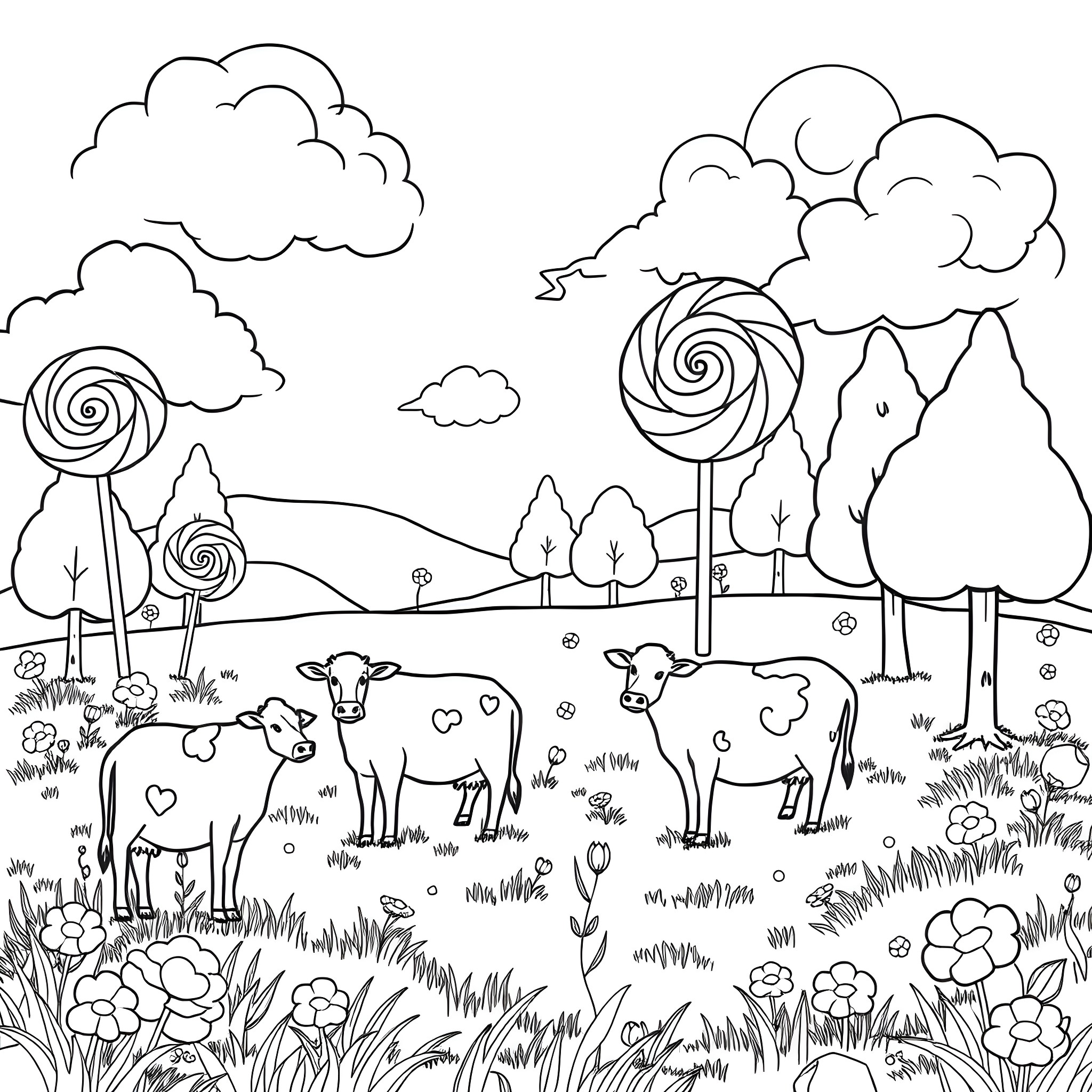 Cow herd grazing peacefully in a whimsical landscape Coloring Page (free black-and-white line drawing printable PDF for all, from beginners to advanced learners, including children, teens, adults, and seniors)
