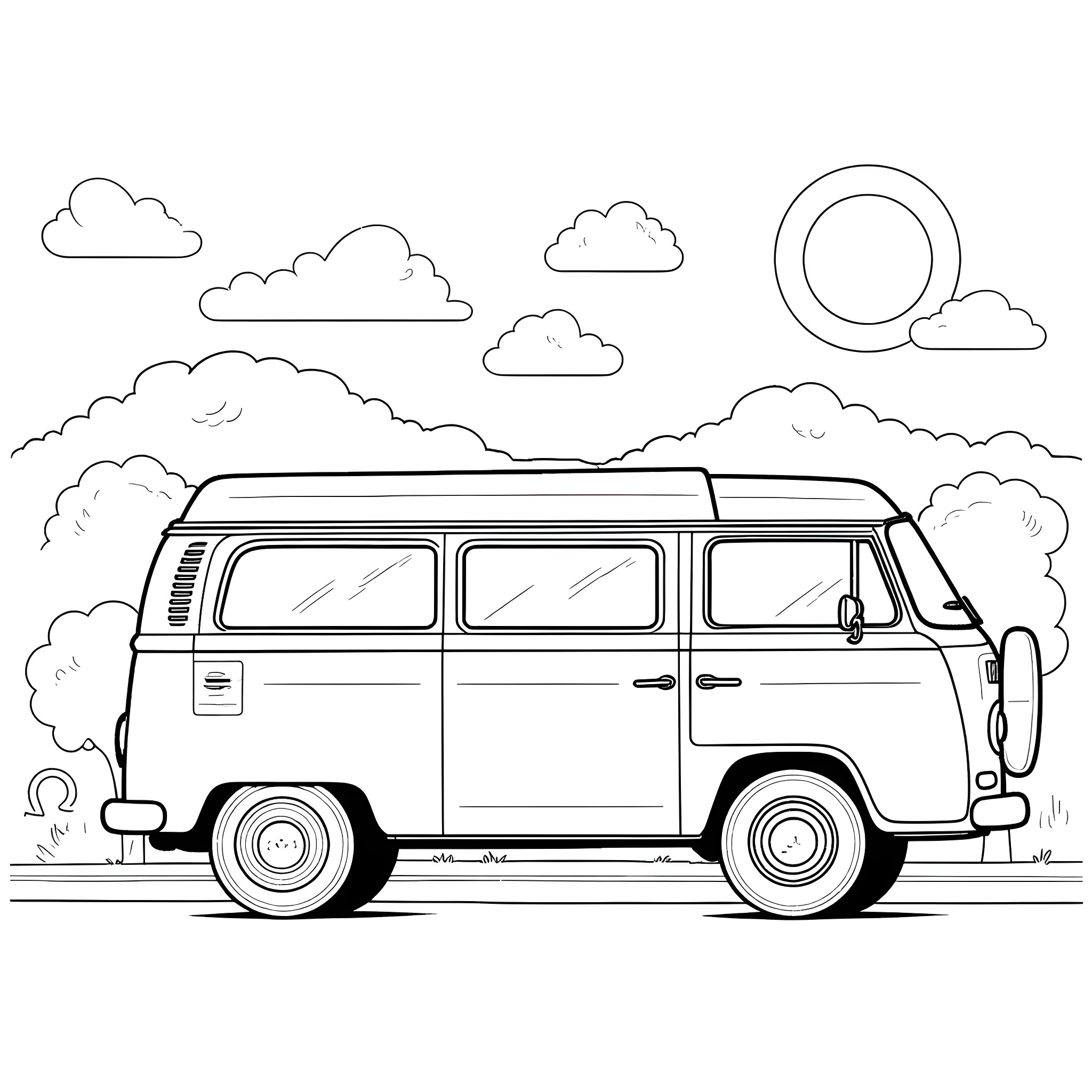 Van Travels Through Scenic Landscape Coloring Page (free black-and-white line drawing printable PDF for all, from beginners to advanced learners, including children, teens, adults, and seniors)