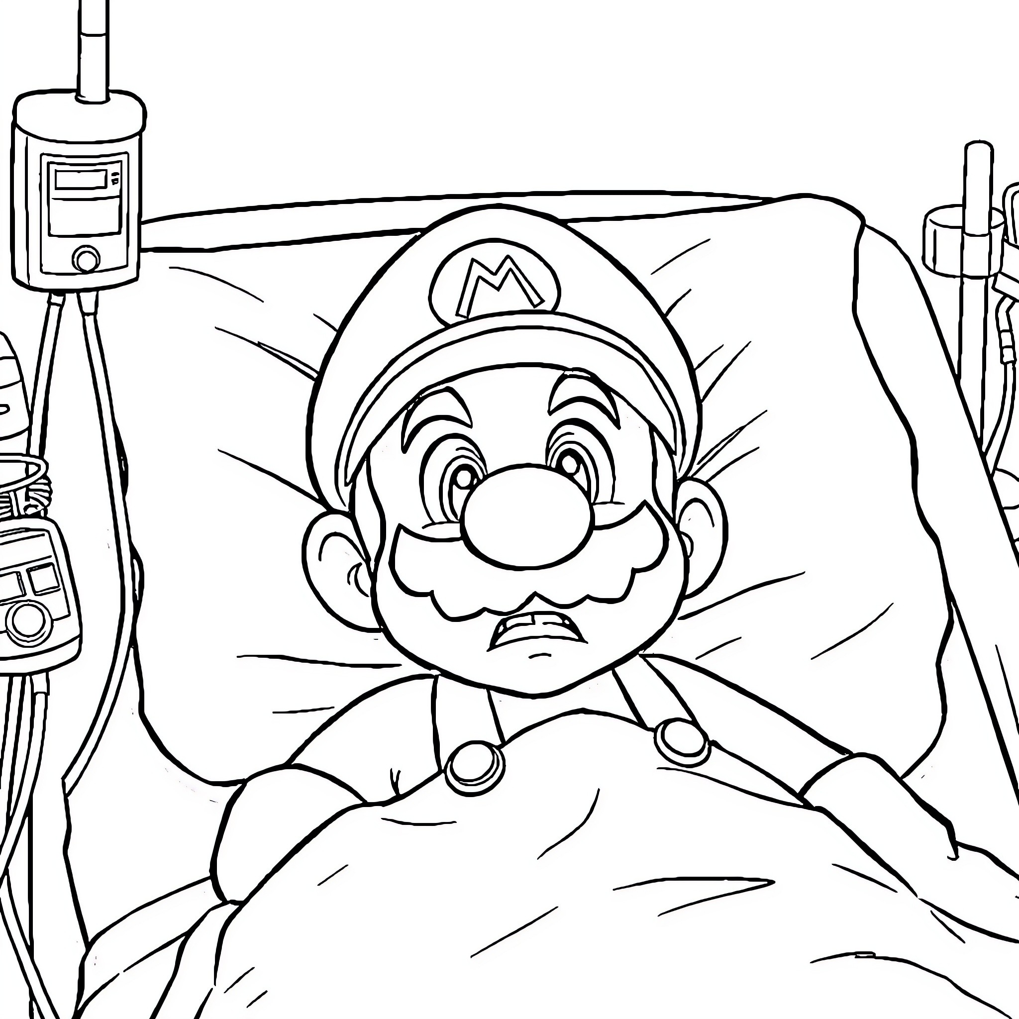 Mario in hospital with medical equipment Coloring Page (free black-and-white line drawing printable PDF for all, from beginners to advanced learners, including children, teens, adults, and seniors)