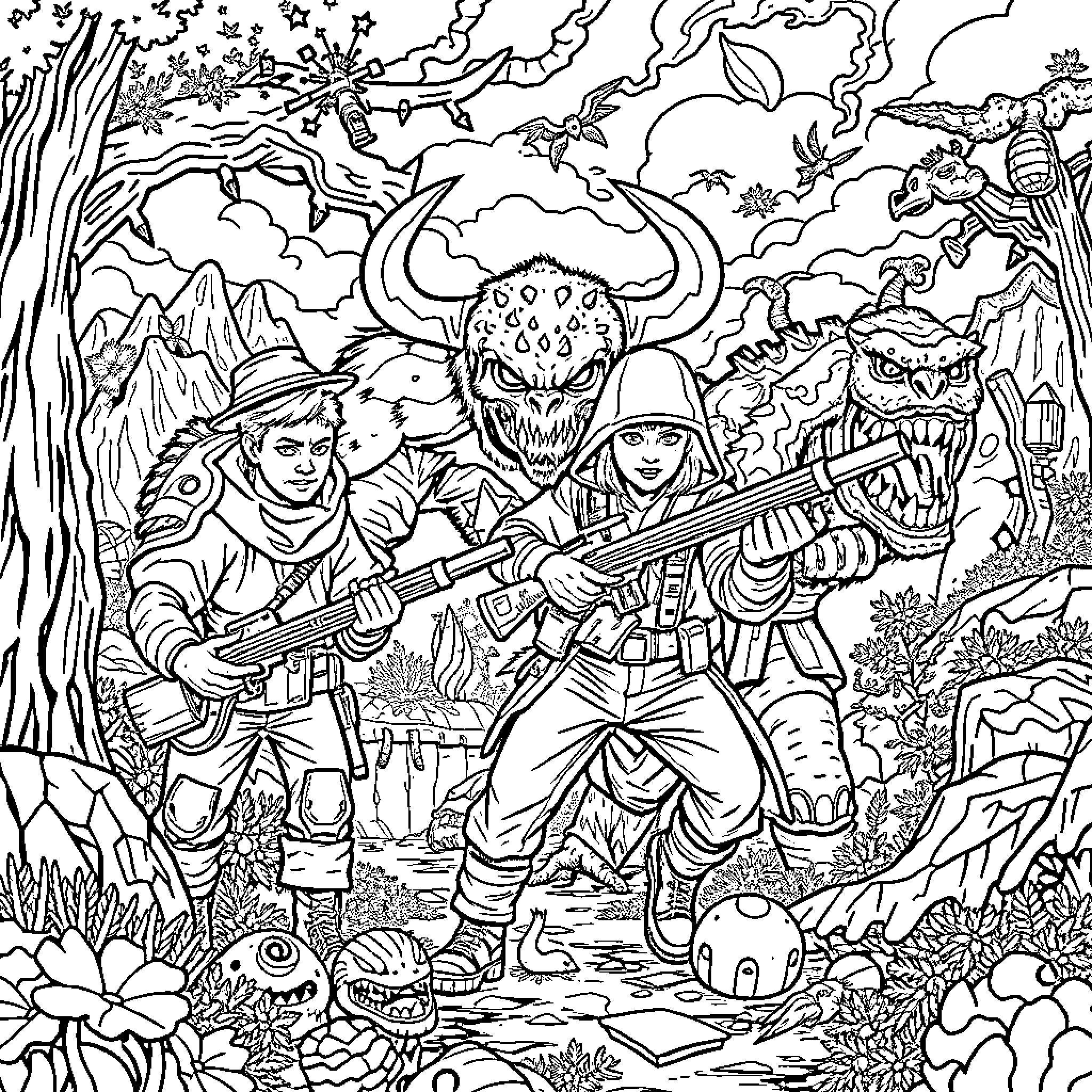 HunterX Adventurers Battling Fearsome Creatures in the Wild Coloring Page (free black-and-white line drawing printable PDF for all, from beginners to advanced learners, including children, teens, adults, and seniors)