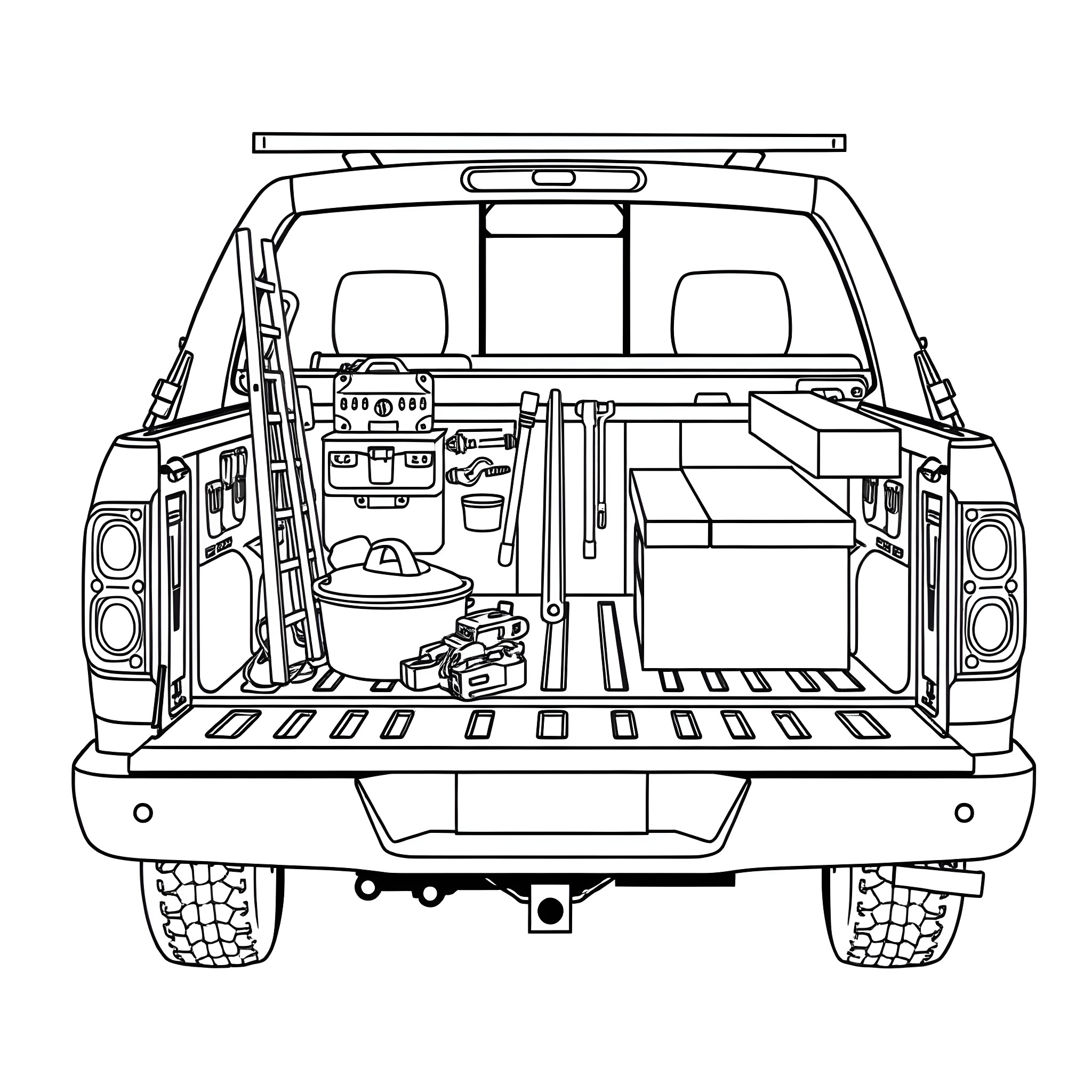 Pickup Bed Filled with Camping Gear and Equipment Coloring Page (free black-and-white line drawing printable PDF for all, from beginners to advanced learners, including children, teens, adults, and seniors)