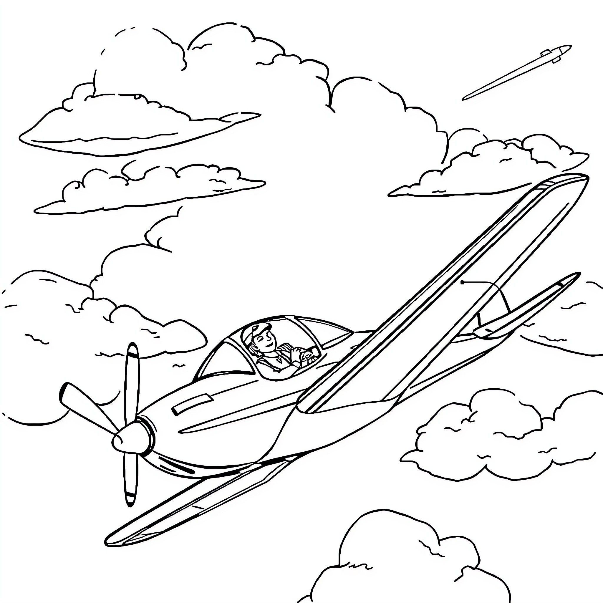 Airplane soaring through the cloudy sky Coloring Page (free black-and-white line drawing printable PDF for all, from beginners to advanced learners, including children, teens, adults, and seniors)