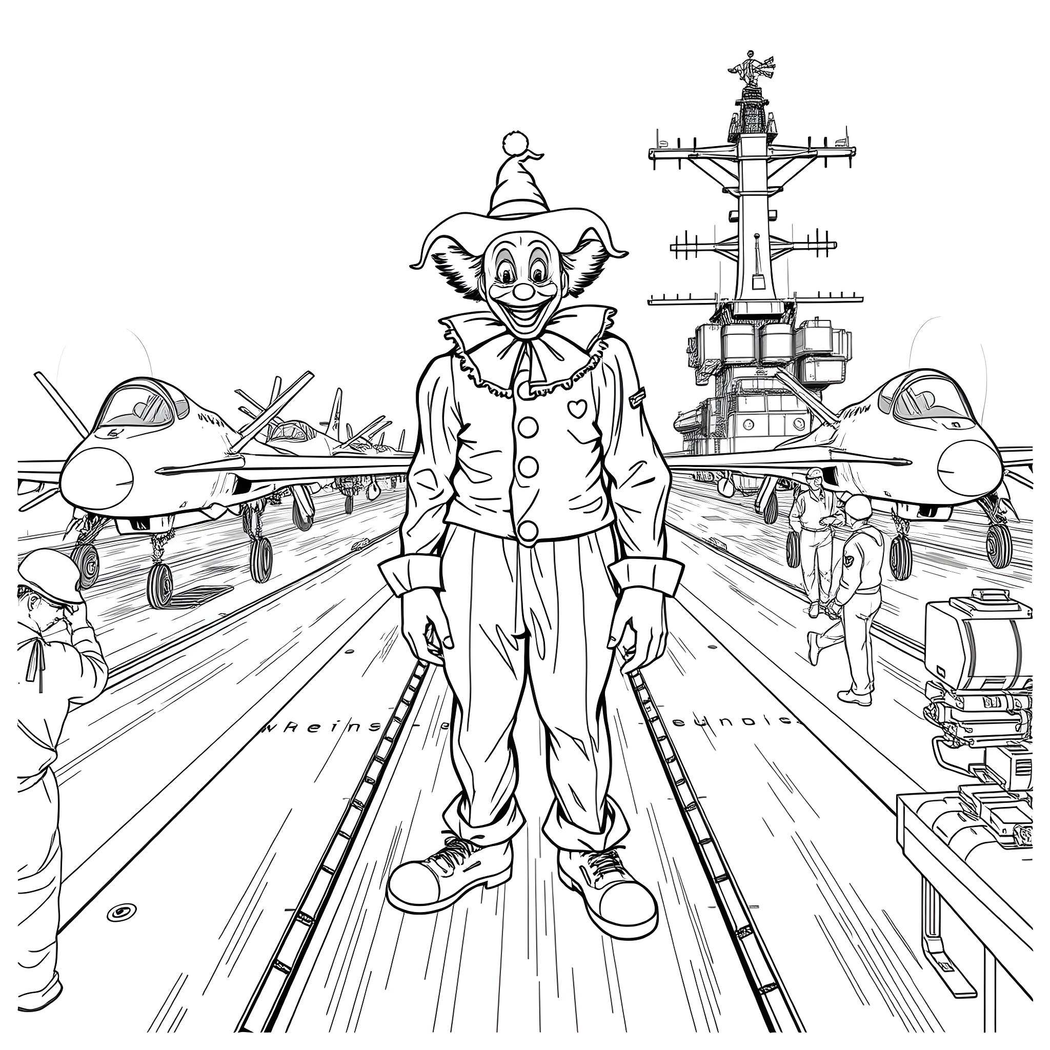 Clown Entertaining on an Aircraft Carrier Coloring Page (free black-and-white line drawing printable PDF for all, from beginners to advanced learners, including children, teens, adults, and seniors)