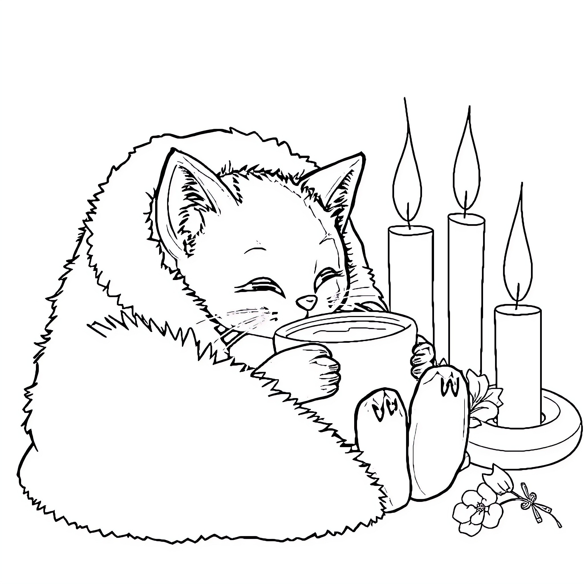Cat resting by candlelight Coloring Page (free black-and-white line drawing printable PDF for all, from beginners to advanced learners, including children, teens, adults, and seniors)