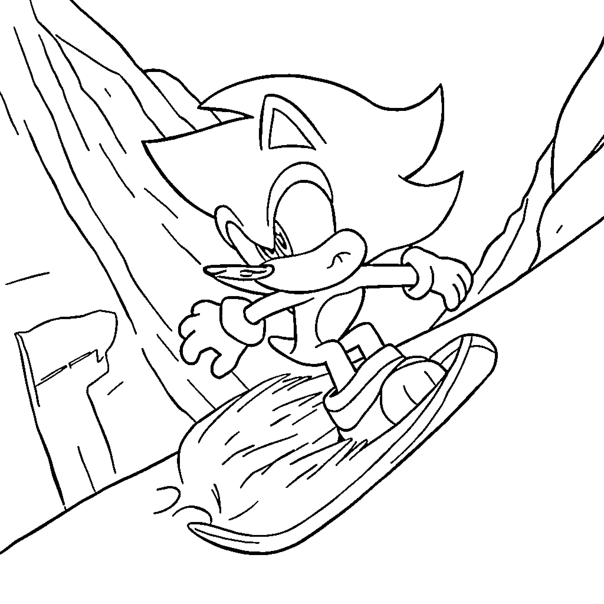 Shadow of a Speedy Cartoon Character Skiing Coloring Page (free black-and-white line drawing printable PDF for all, from beginners to advanced learners, including children, teens, adults, and seniors)