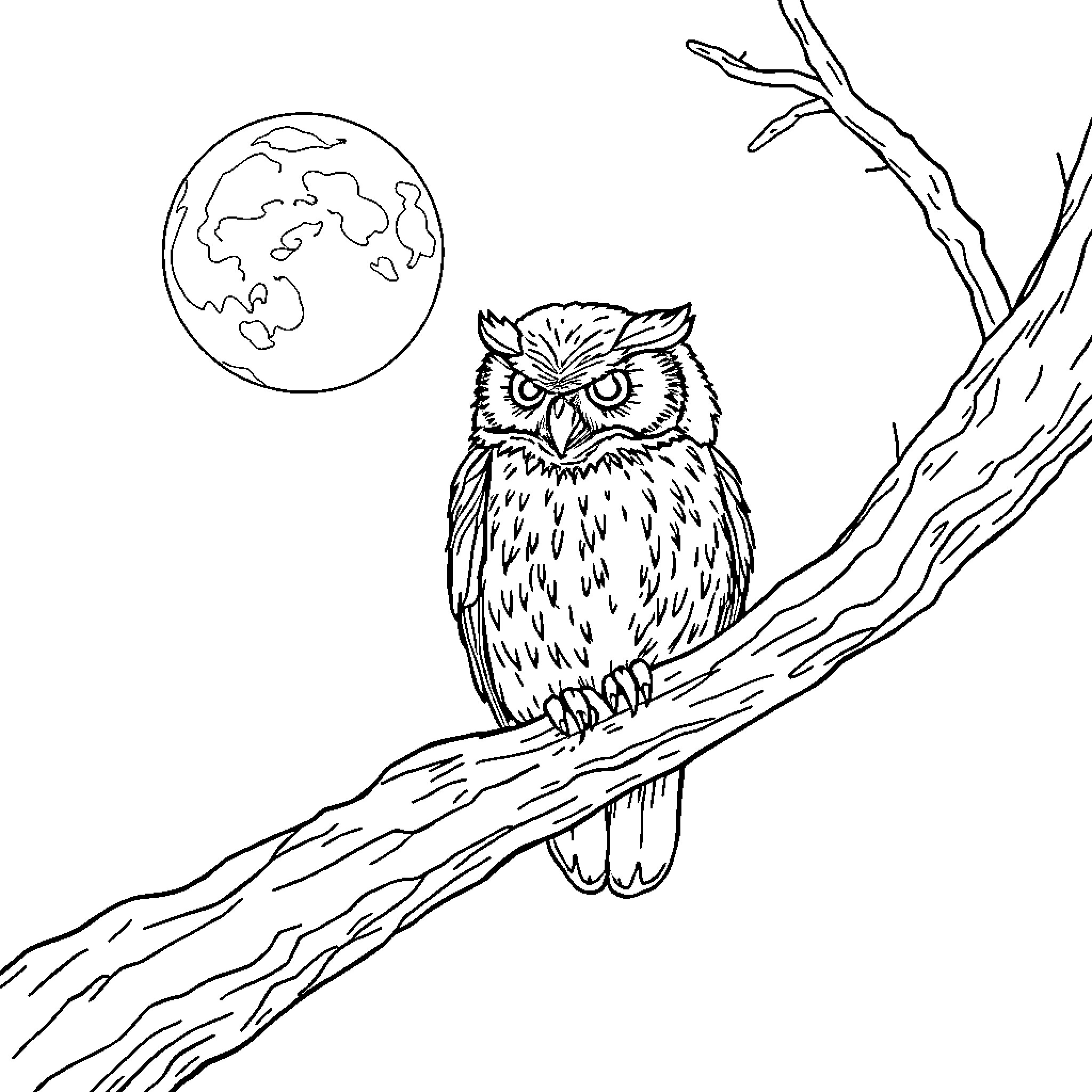 Owl observing the night sky on a tree branch Coloring Page (free black-and-white line drawing printable PDF for all, from beginners to advanced learners, including children, teens, adults, and seniors)