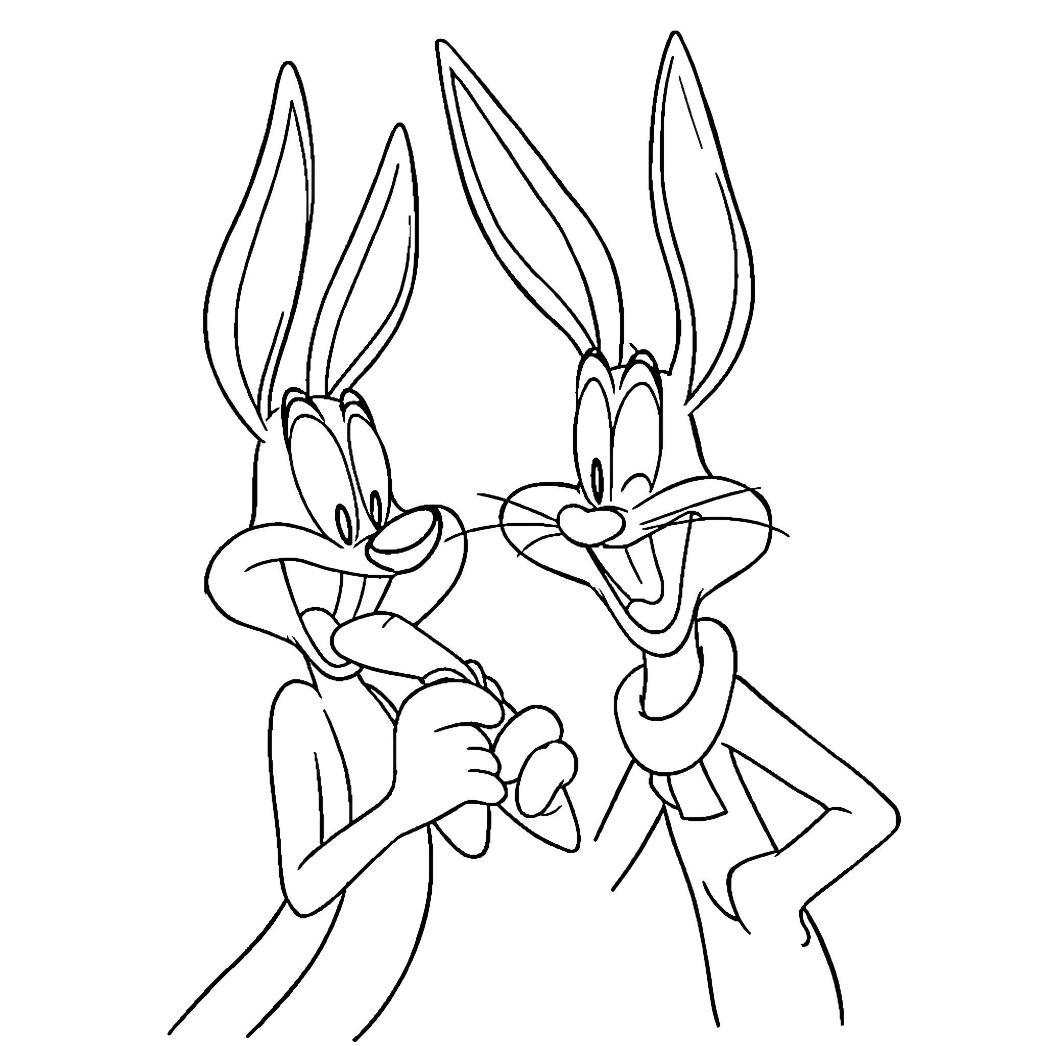 Bugs Bunny and Daffy Duck in comical cartoon pose Coloring Page (free black-and-white line drawing printable PDF for all, from beginners to advanced learners, including children, teens, adults, and seniors)