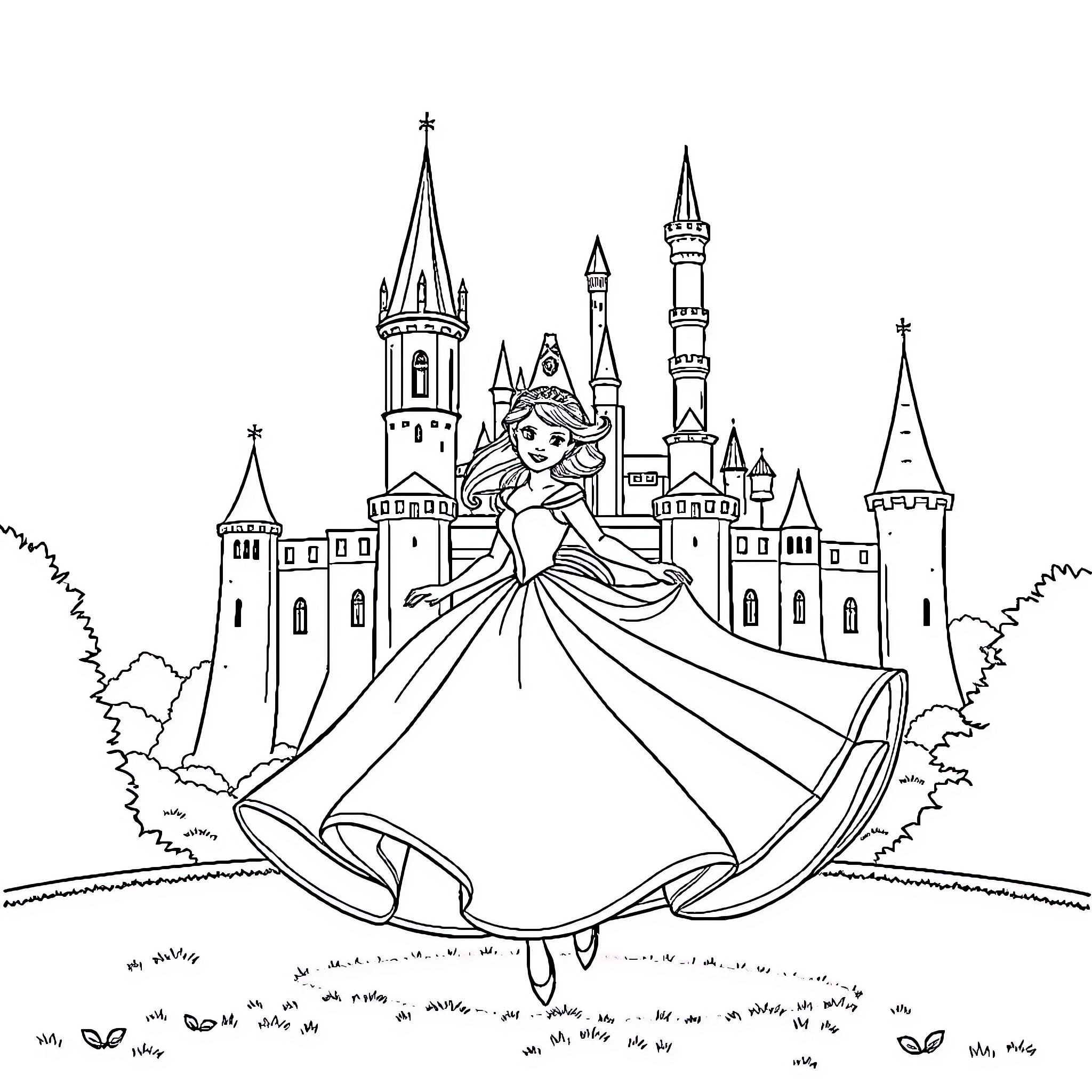 Princess dancing joyfully in front of a magical castle Coloring Page (free black-and-white line drawing printable PDF for all, from beginners to advanced learners, including children, teens, adults, and seniors)