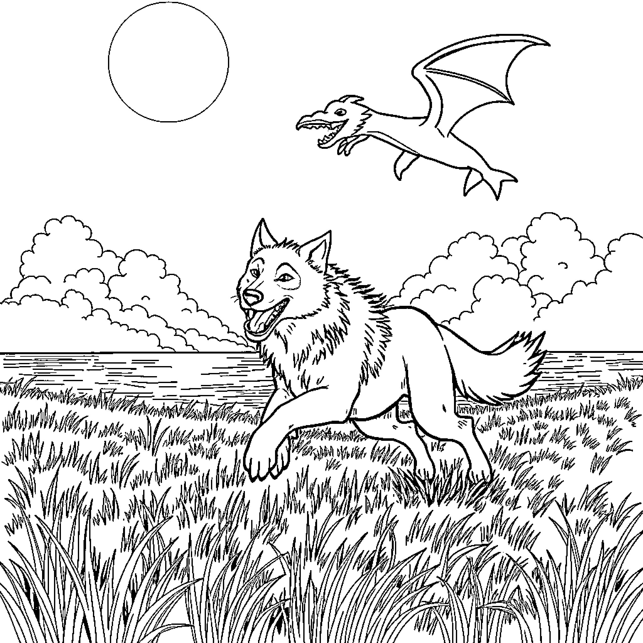 Wolf running through grass while a dragon flies above Coloring Page (free black-and-white line drawing printable PDF for all, from beginners to advanced learners, including children, teens, adults, and seniors)