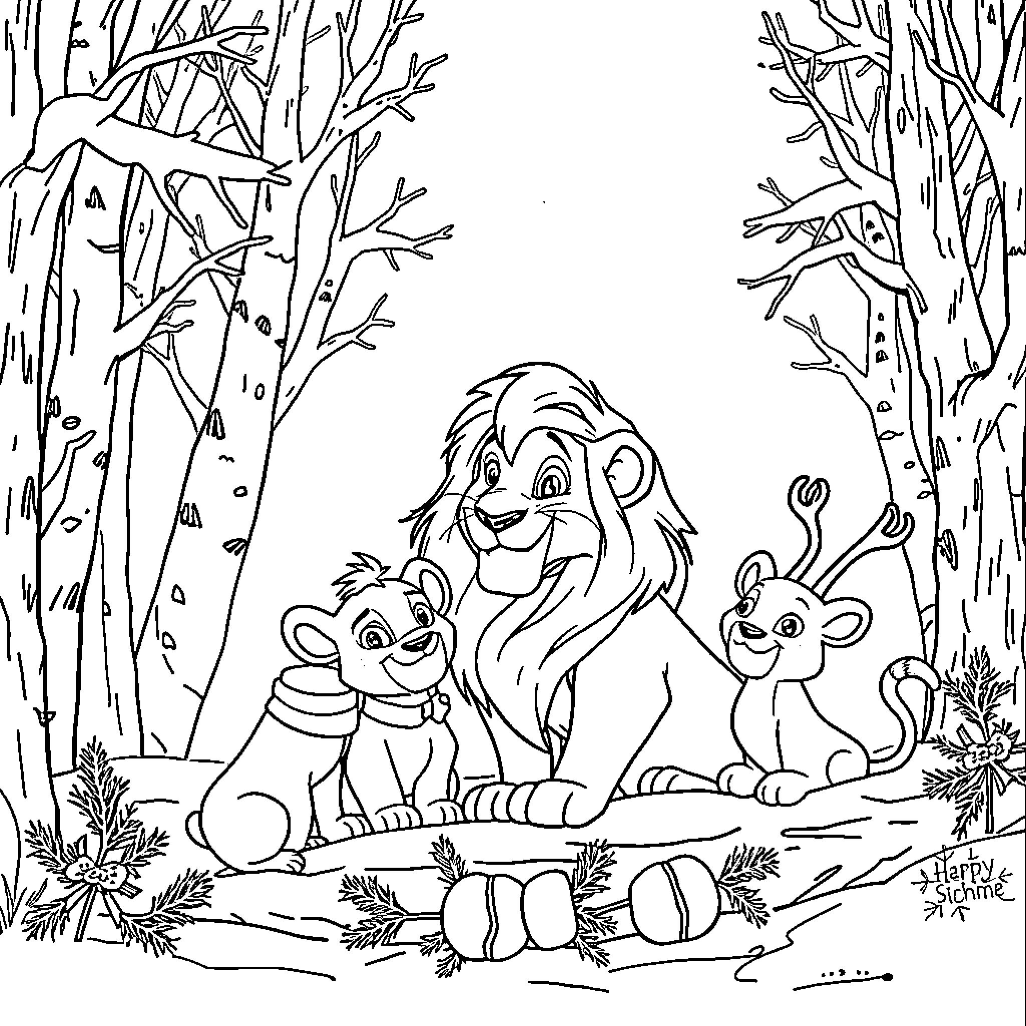 Lion with cubs in the forest Coloring Page (free black-and-white line drawing printable PDF for all, from beginners to advanced learners, including children, teens, adults, and seniors)
