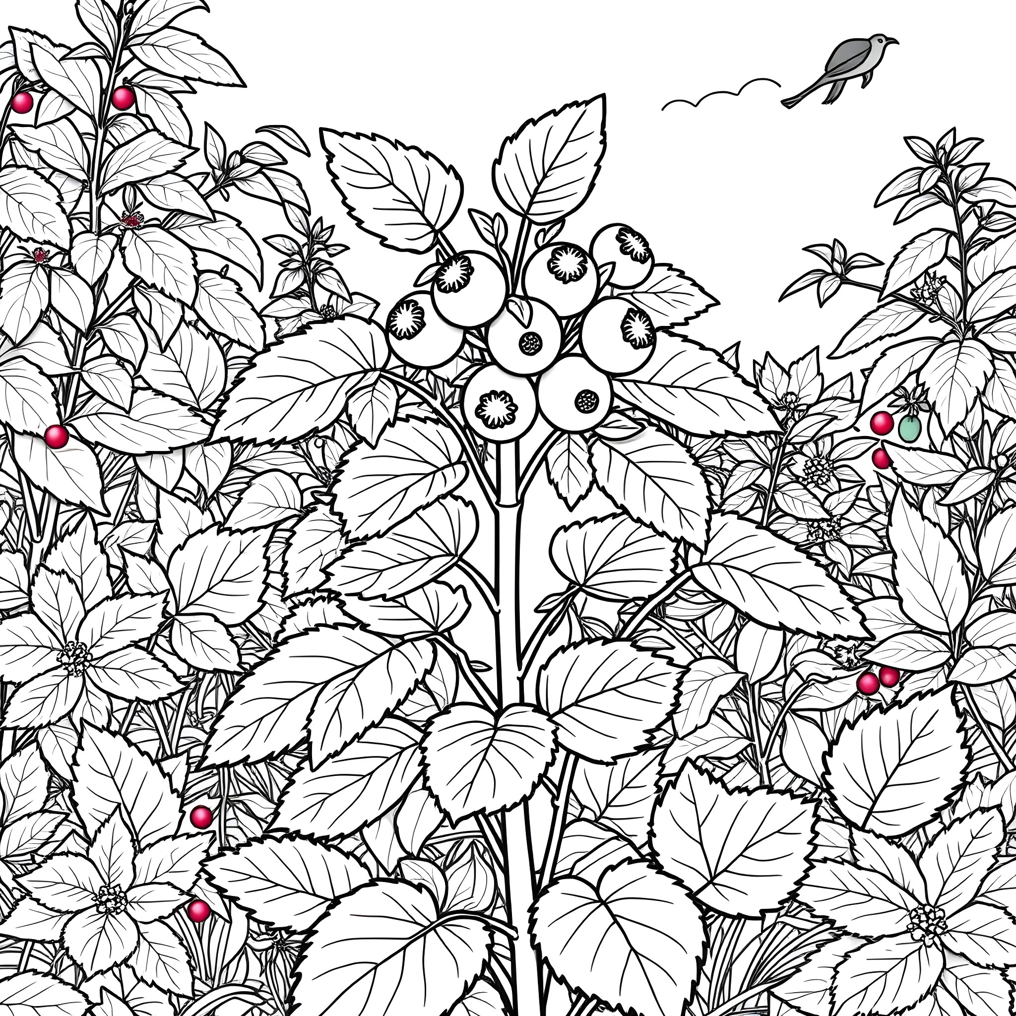 Cloudberry plant in a lush natural environment Coloring Page (free black-and-white line drawing printable PDF for all, from beginners to advanced learners, including children, teens, adults, and seniors)