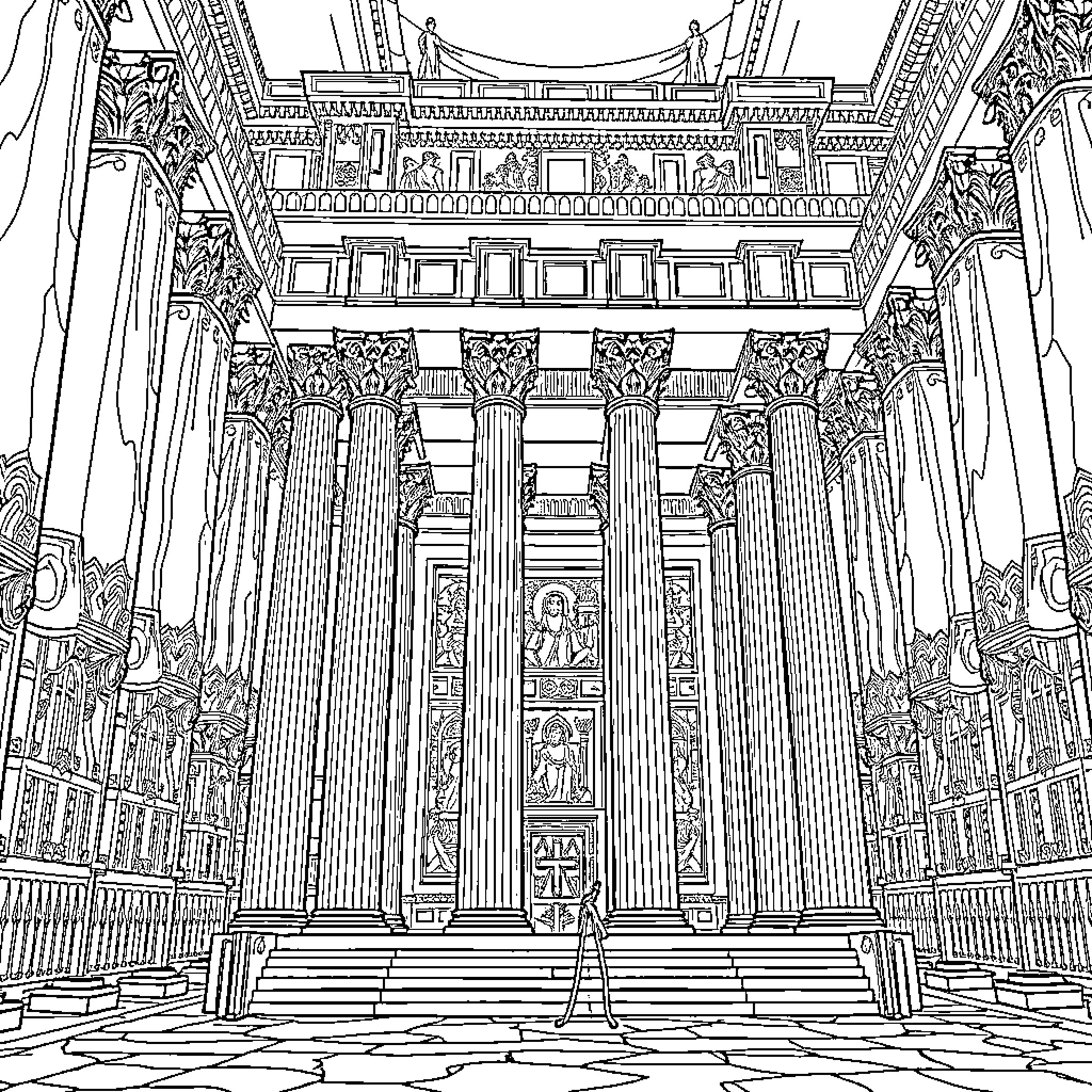 Temple of Ancient Greek Architecture Coloring Page (free black-and-white line drawing printable PDF for all, from beginners to advanced learners, including children, teens, adults, and seniors)