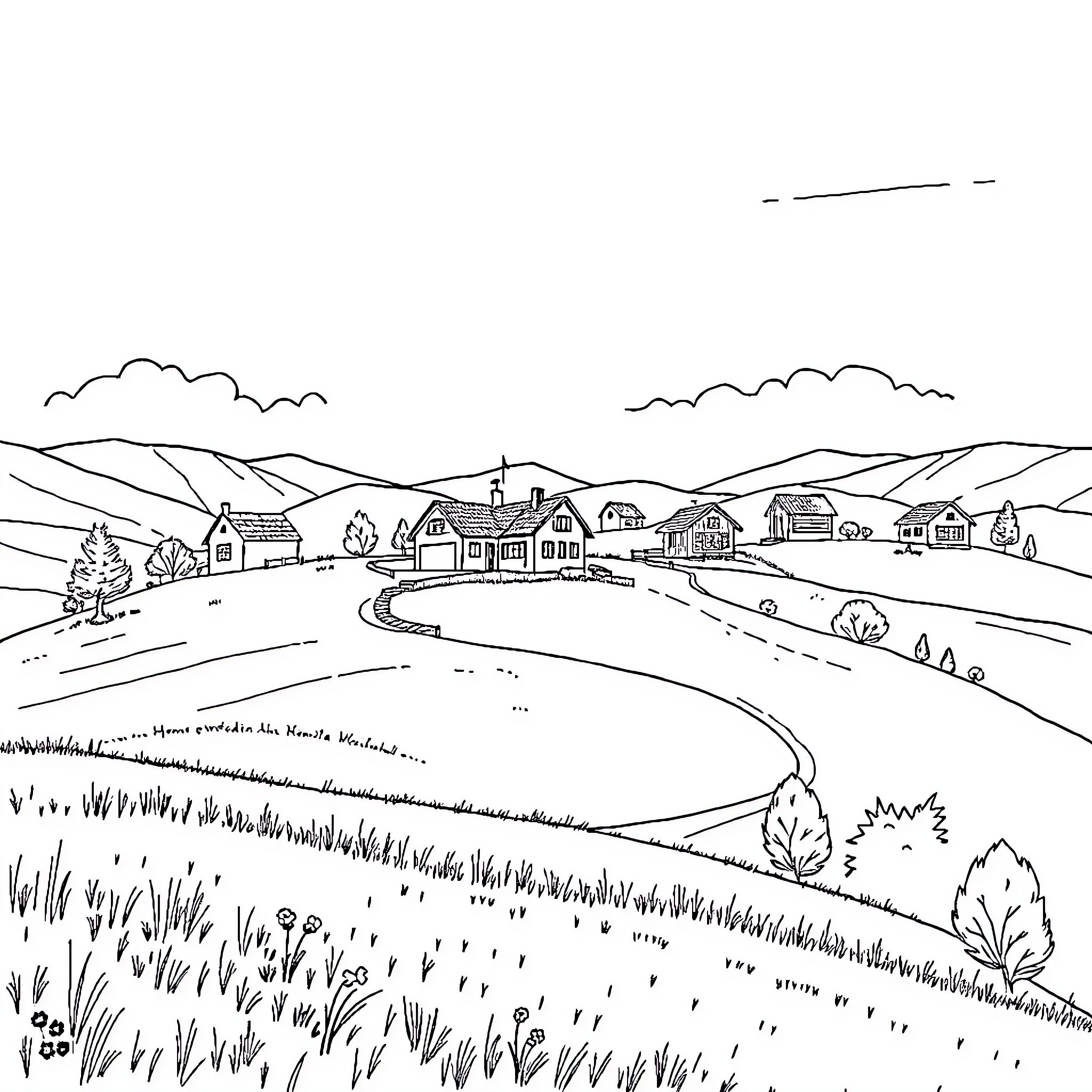 House in the Countryside Landscape Coloring Page (free black-and-white line drawing printable PDF for all, from beginners to advanced learners, including children, teens, adults, and seniors)