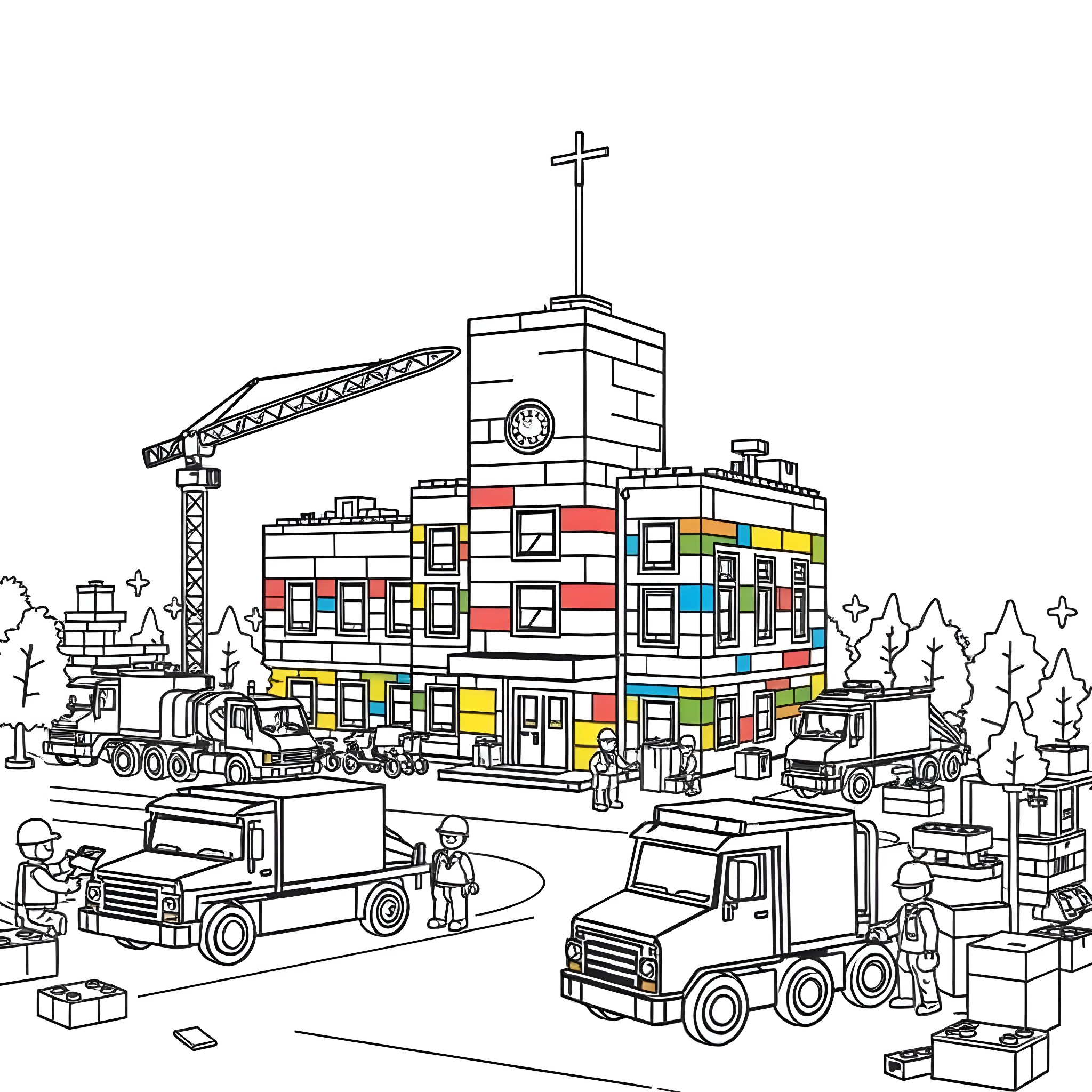 School Construction Site with Heavy Machinery and Workers Coloring Page (free black-and-white line drawing printable PDF for all, from beginners to advanced learners, including children, teens, adults, and seniors)