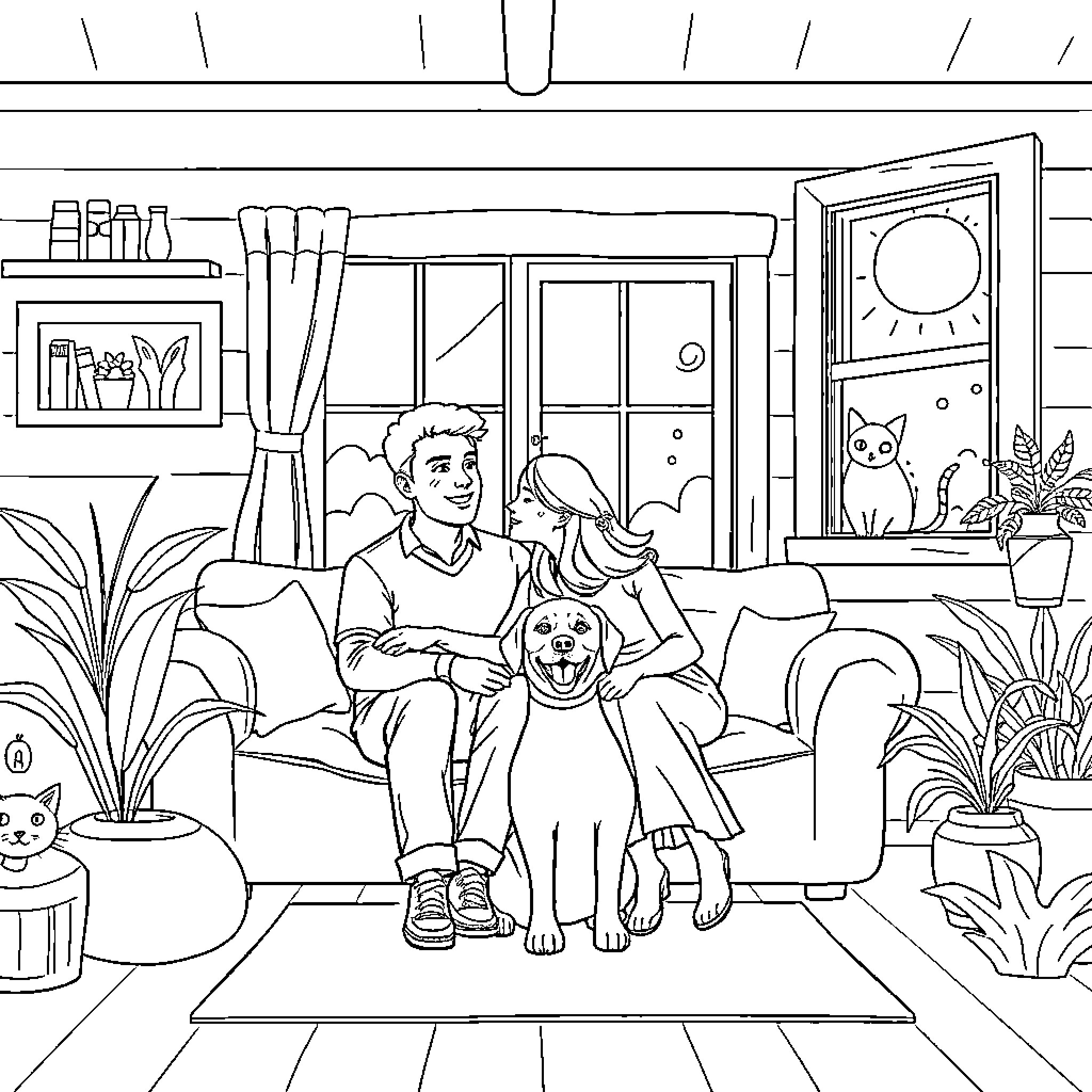 House with a Boy and his Dog Relaxing at Home Coloring Page (free black-and-white line drawing printable PDF for all, from beginners to advanced learners, including children, teens, adults, and seniors)