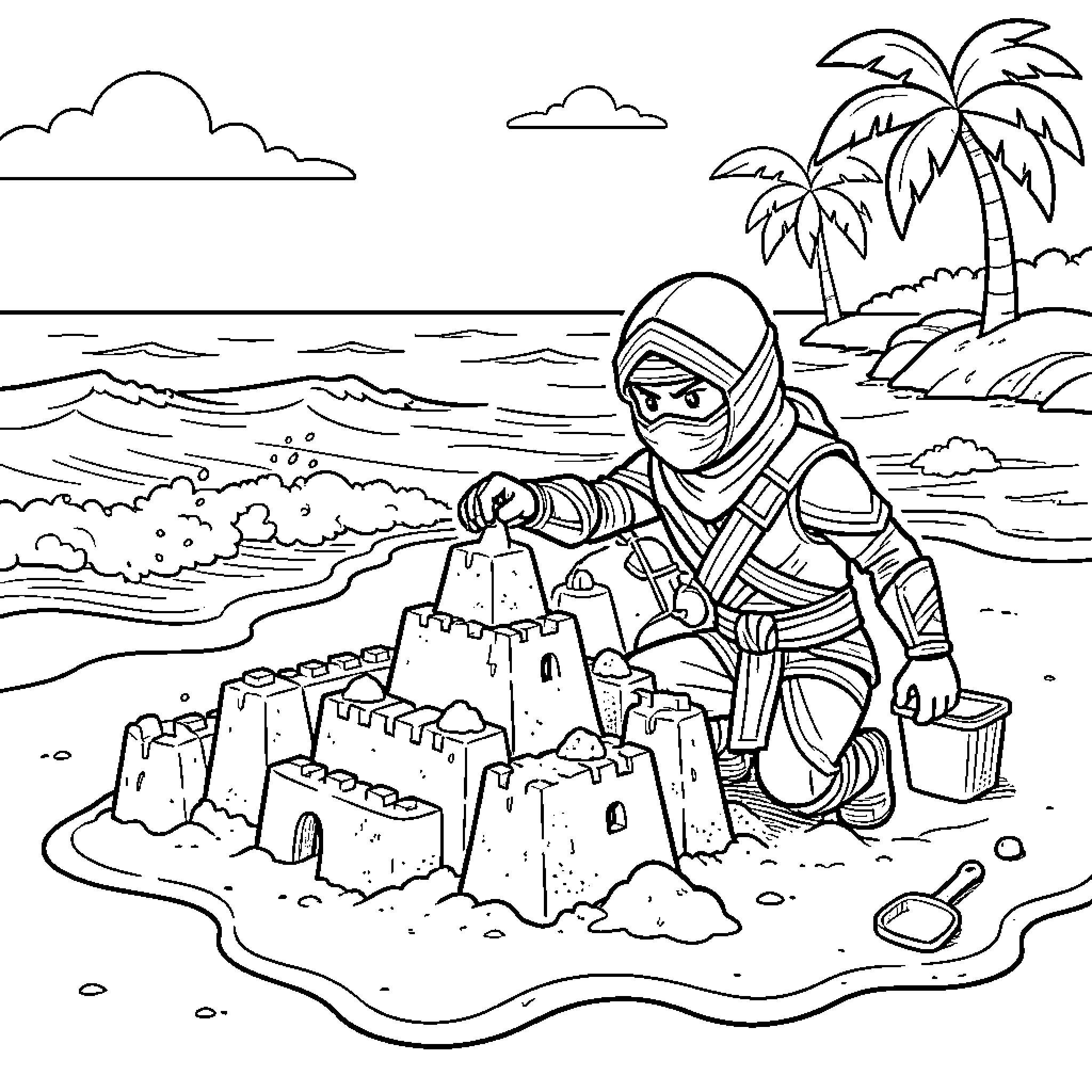 Ninjago Zane building a large sandcastle on the beach Coloring Page (free black-and-white line drawing printable PDF for all, from beginners to advanced learners, including children, teens, adults, and seniors)