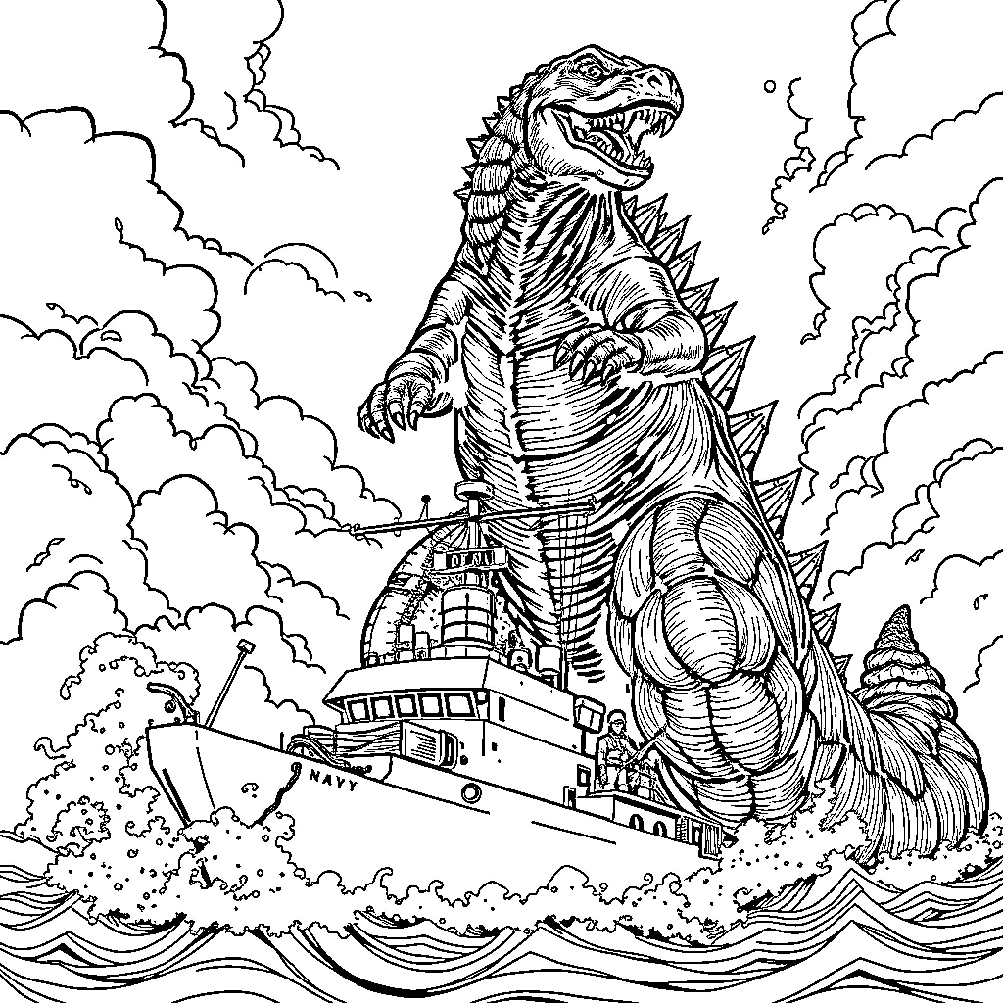 Godzilla rampaging through a coastal town Coloring Page (free black-and-white line drawing printable PDF for all, from beginners to advanced learners, including children, teens, adults, and seniors)