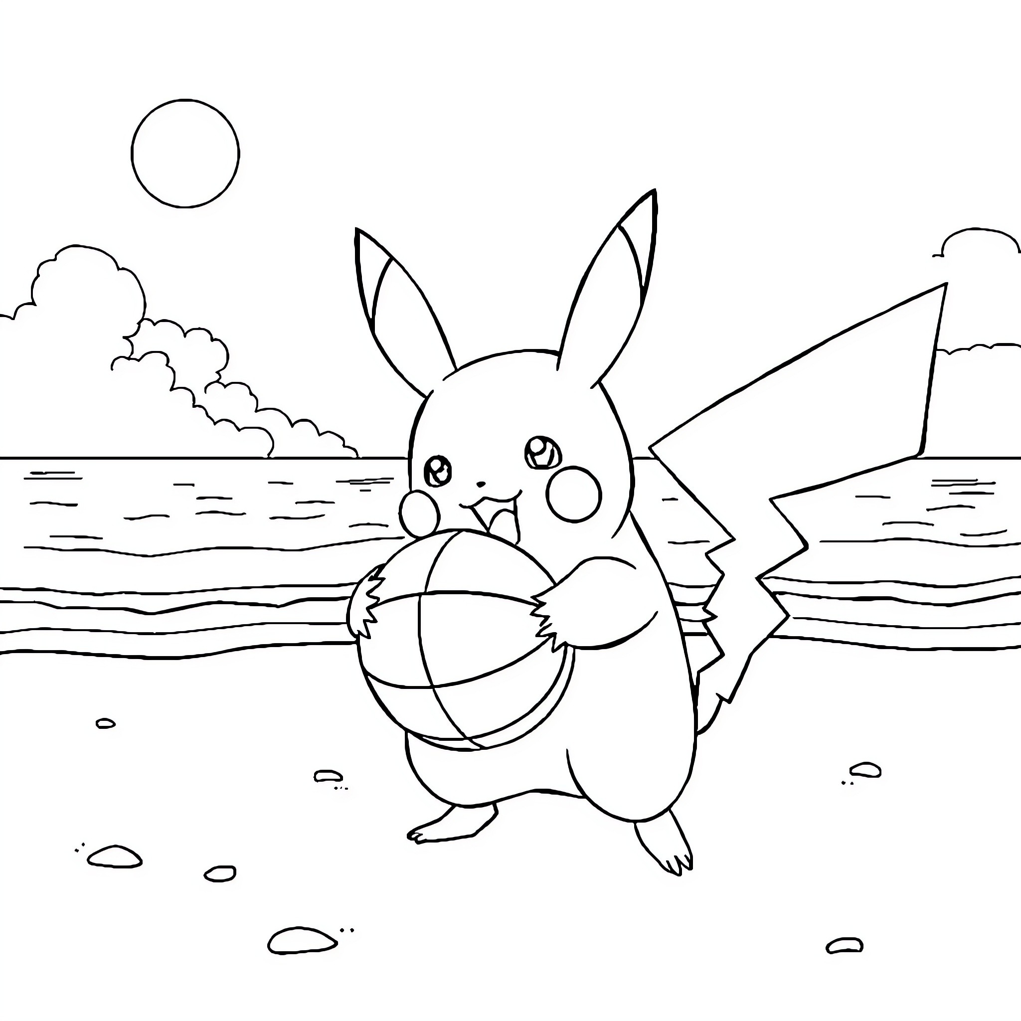 Pikachu carrying a beach ball by the ocean Coloring Page (free black-and-white line drawing printable PDF for all, from beginners to advanced learners, including children, teens, adults, and seniors)