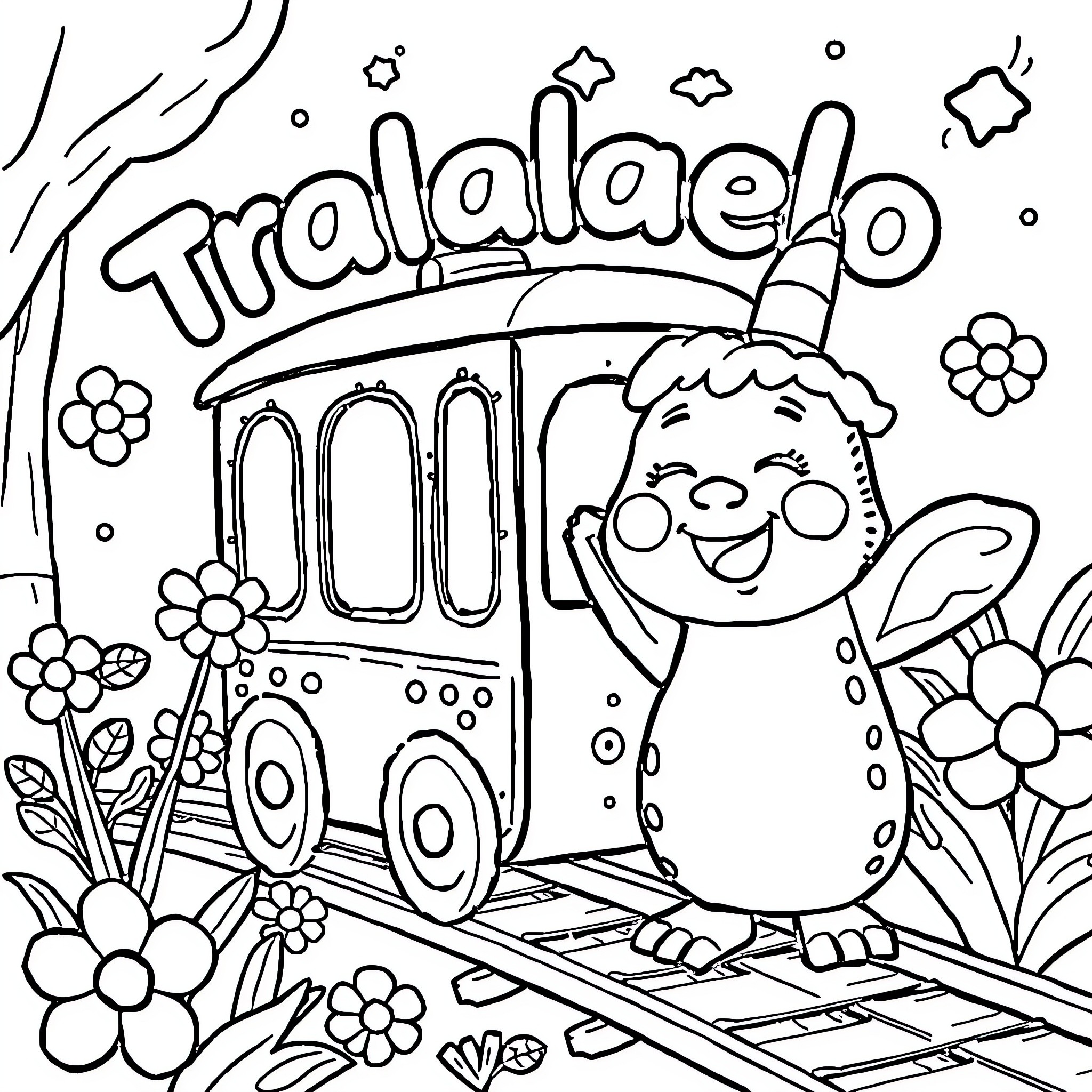 Tralalelo Cute Creature Riding on Train amid Flowers Coloring Page (free black-and-white line drawing printable PDF for all, from beginners to advanced learners, including children, teens, adults, and seniors)