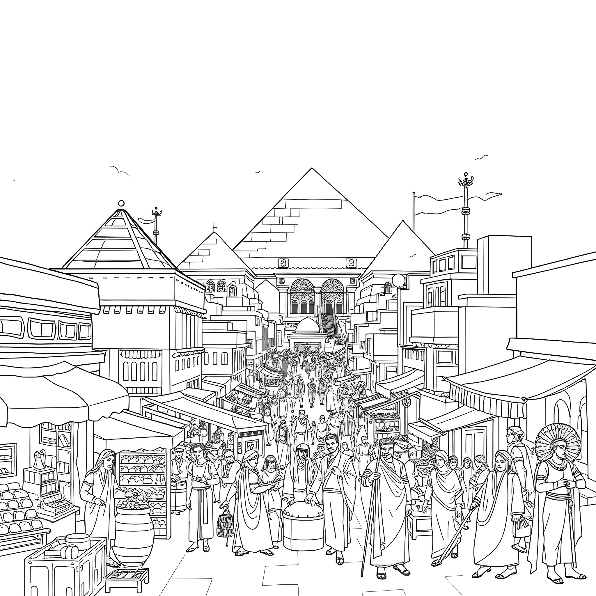 Ancient Life in a Bustling Marketplace Coloring Page (free black-and-white line drawing printable PDF for all, from beginners to advanced learners, including children, teens, adults, and seniors)