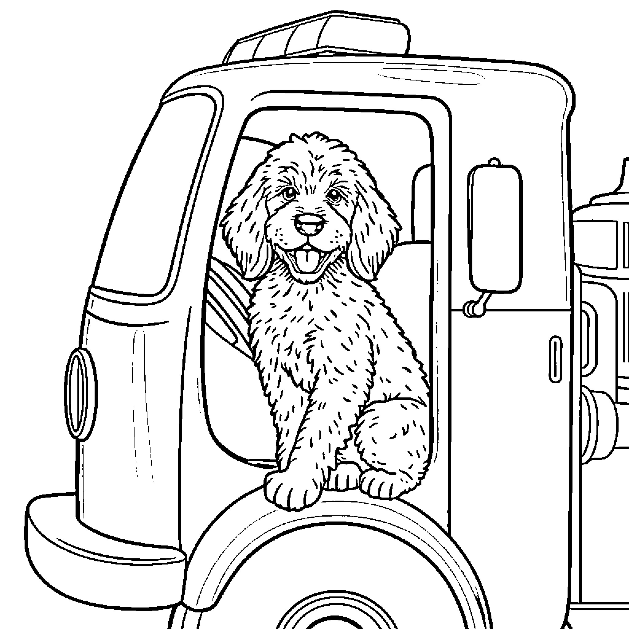Goldendoodle riding happily in a camper van Coloring Page (free black-and-white line drawing printable PDF for all, from beginners to advanced learners, including children, teens, adults, and seniors)