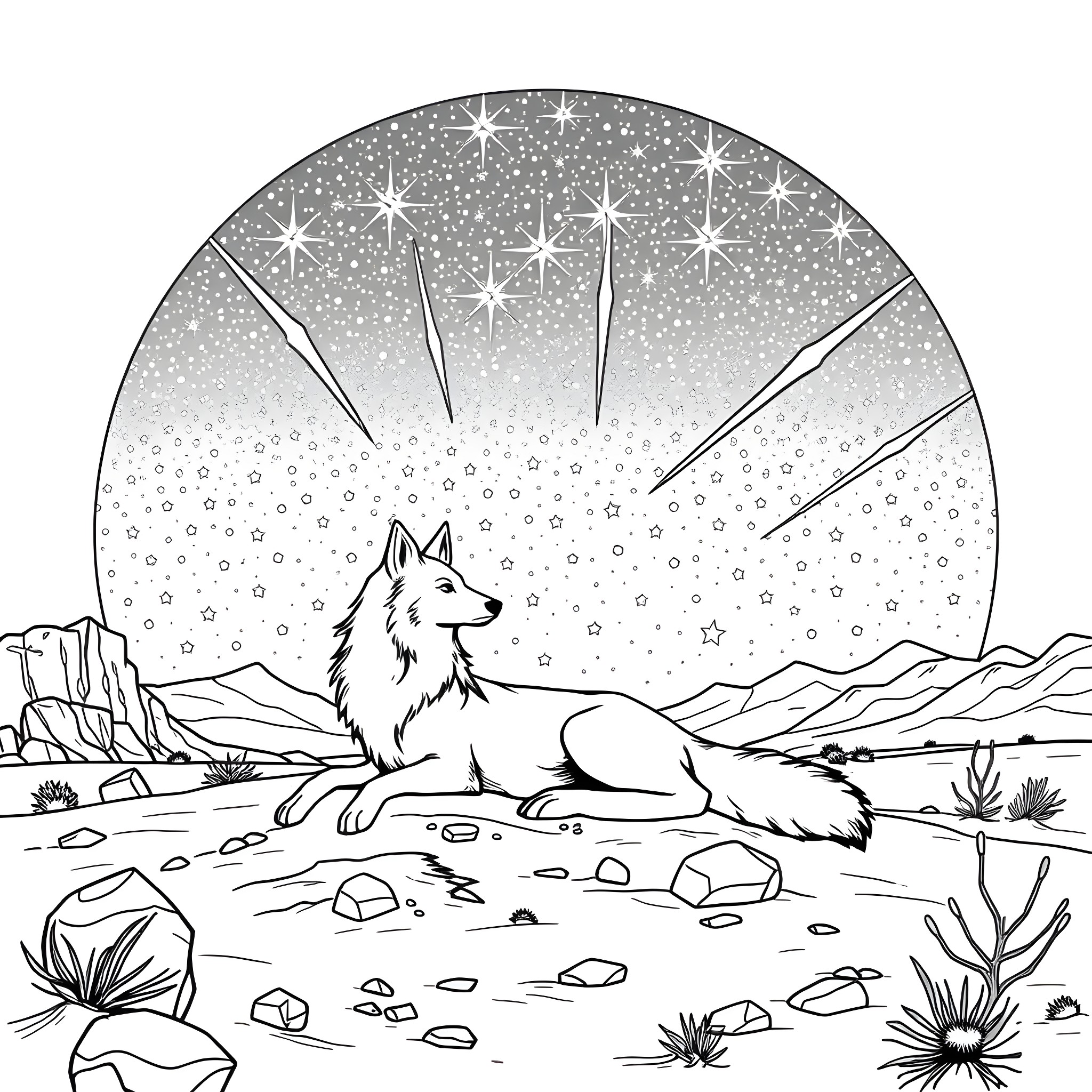 Coyote resting under the starry night sky Coloring Page (free black-and-white line drawing printable PDF for all, from beginners to advanced learners, including children, teens, adults, and seniors)