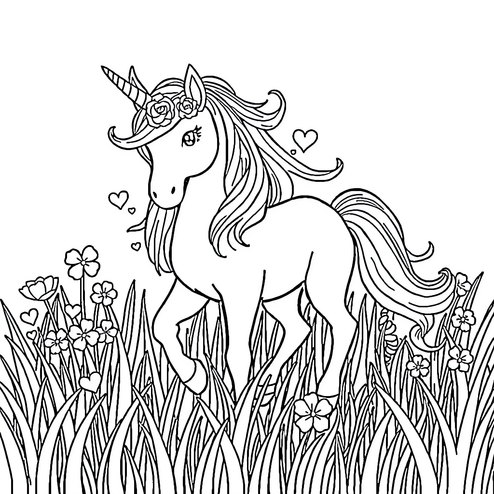 Unicorn in a Whimsical Meadow Coloring Page (free black-and-white line drawing printable PDF for all, from beginners to advanced learners, including children, teens, adults, and seniors)