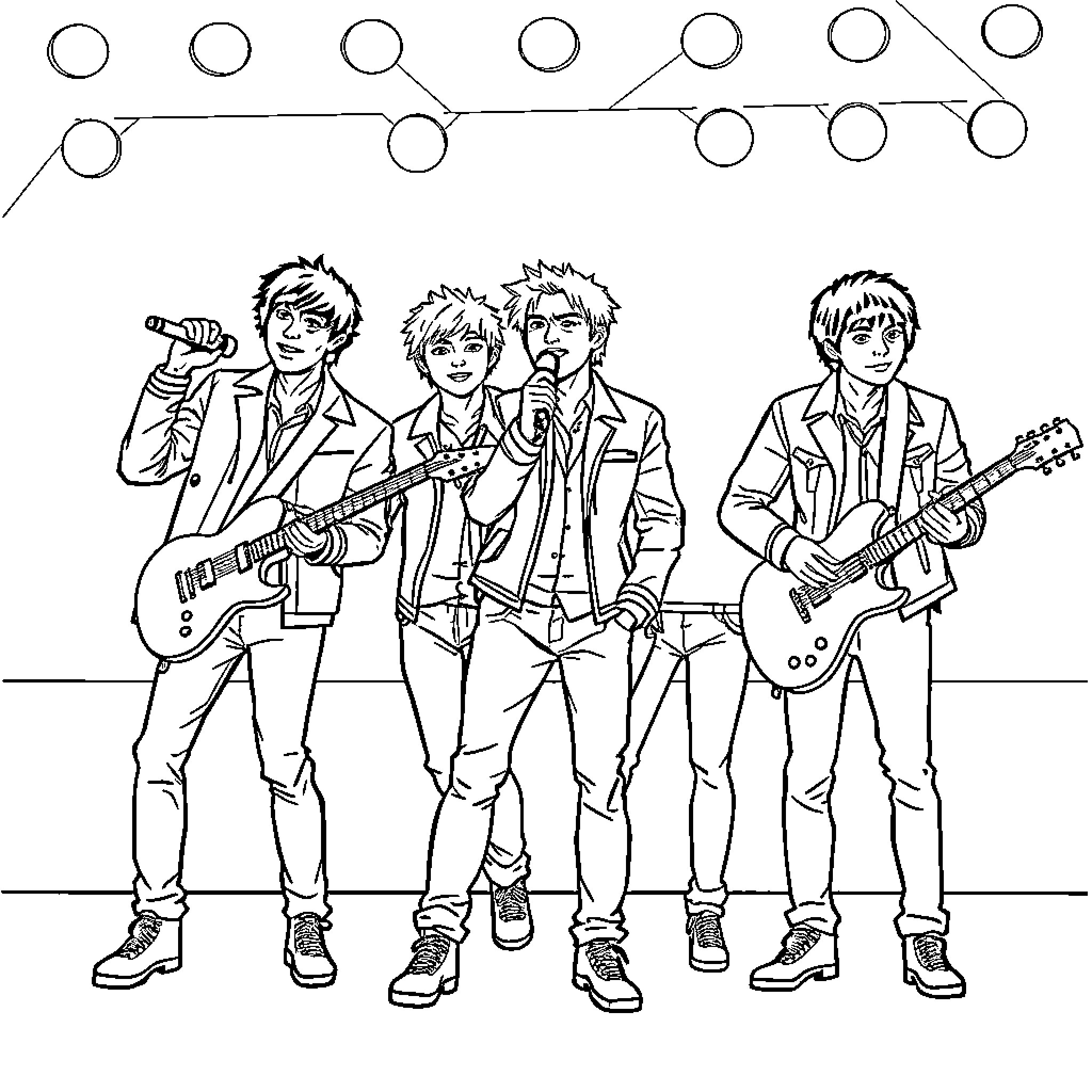 RBD Performing Band Members on Stage Coloring Page (free black-and-white line drawing printable PDF for all, from beginners to advanced learners, including children, teens, adults, and seniors)