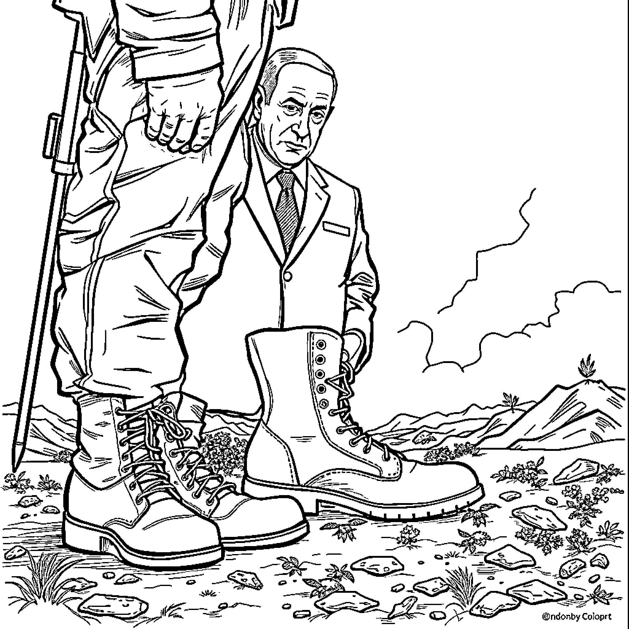 Netanyahu in Rugged Outdoor Attire Coloring Page (free black-and-white line drawing printable PDF for all, from beginners to advanced learners, including children, teens, adults, and seniors)