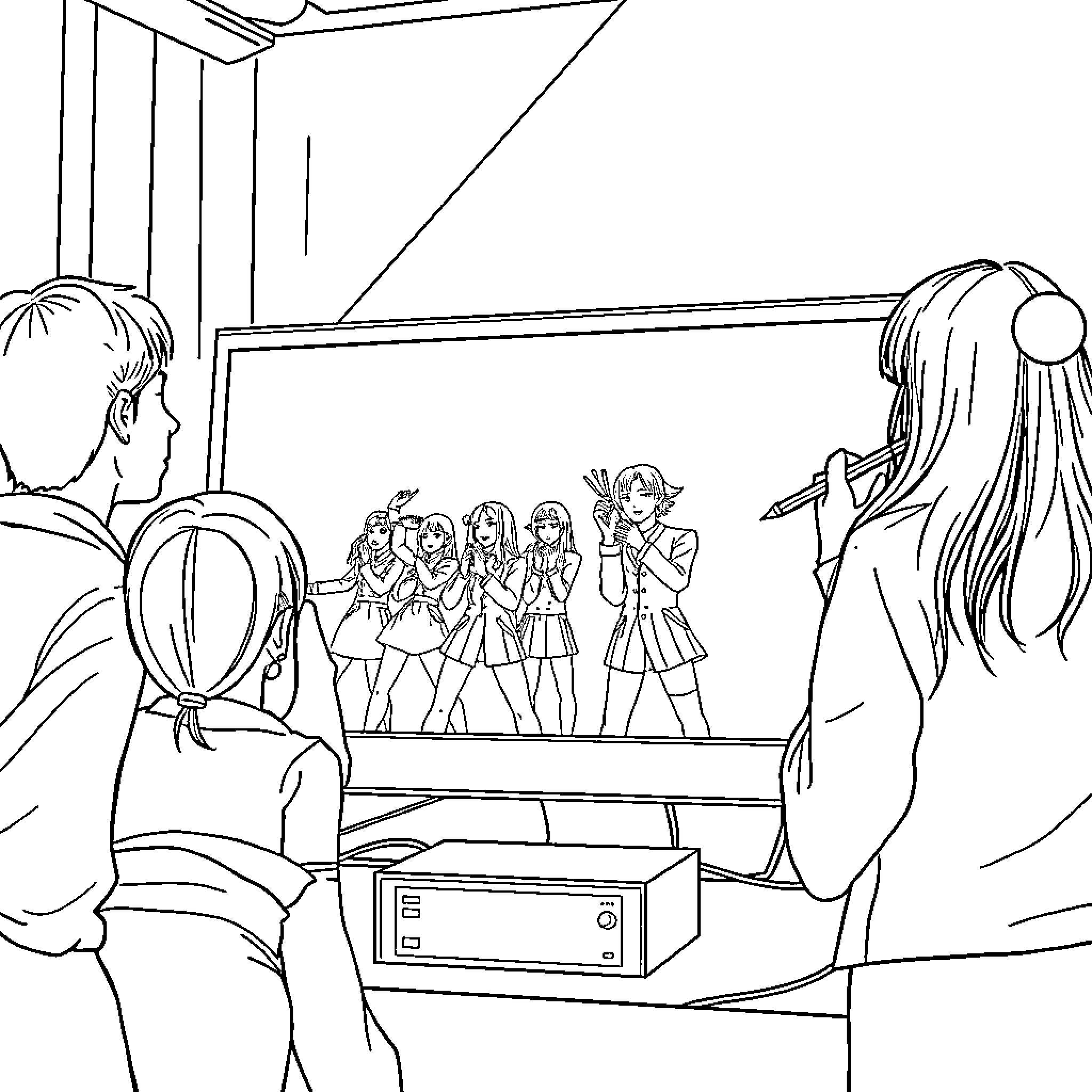 K Pop Warrior Girls Performing on Stage Coloring Page (free black-and-white line drawing printable PDF for all, from beginners to advanced learners, including children, teens, adults, and seniors)