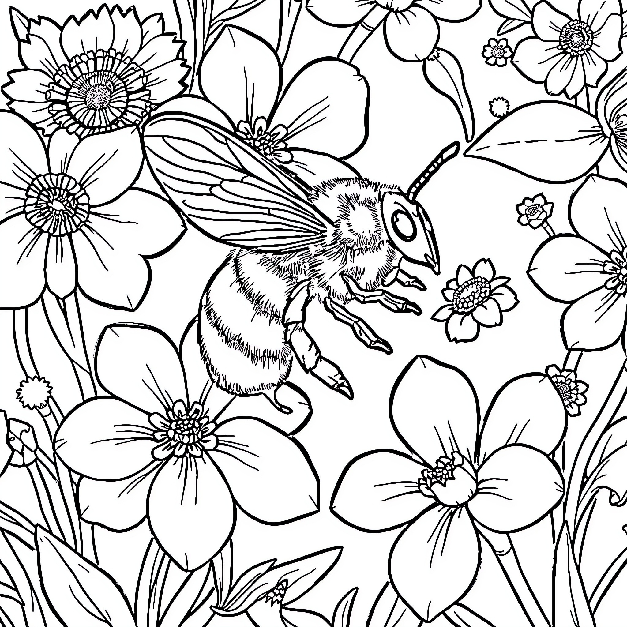 Honeybee exploring a floral wonderland Coloring Page (free black-and-white line drawing printable PDF for all, from beginners to advanced learners, including children, teens, adults, and seniors)