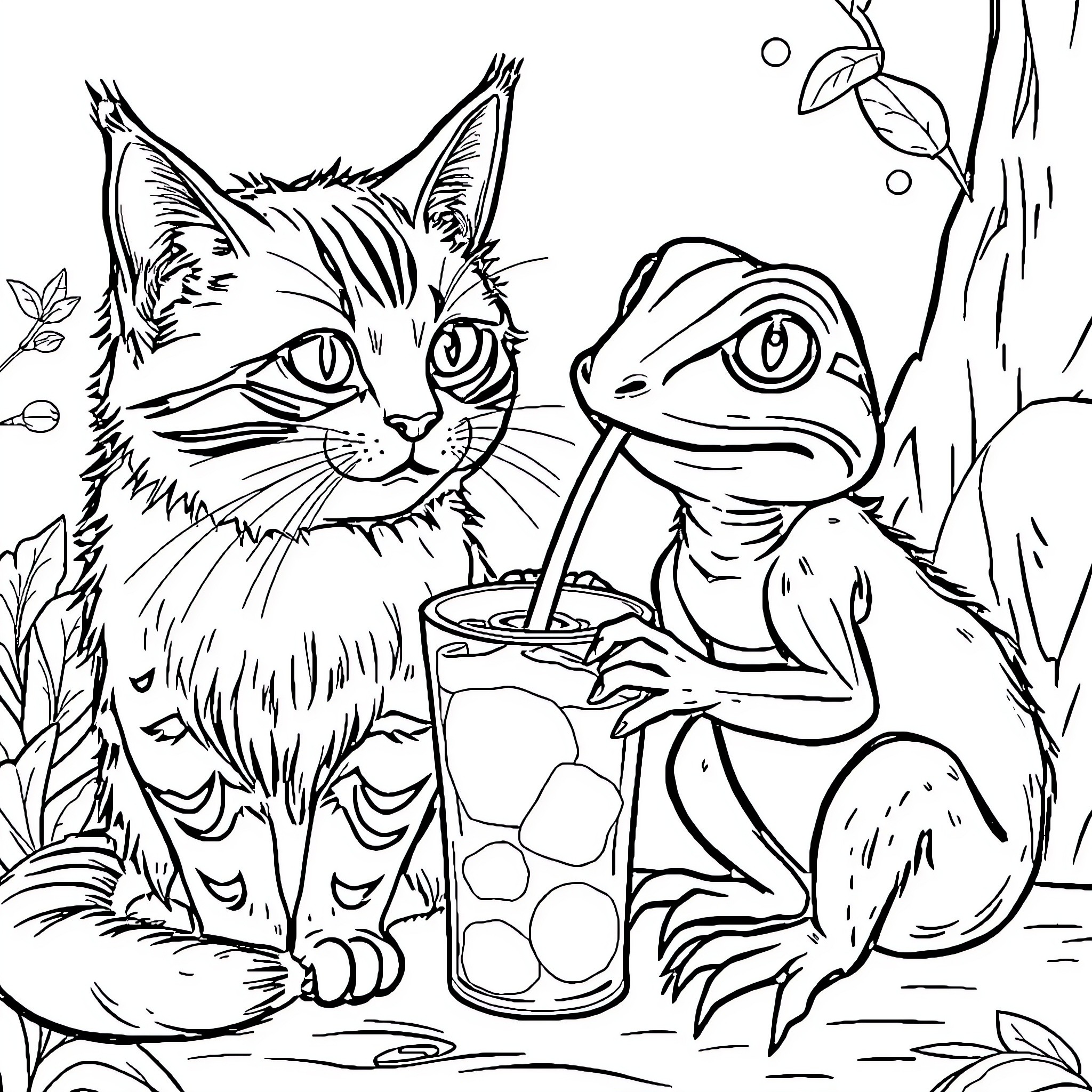 Cat and Dog Enjoying a Refreshing Drink Coloring Page (free black-and-white line drawing printable PDF for all, from beginners to advanced learners, including children, teens, adults, and seniors)