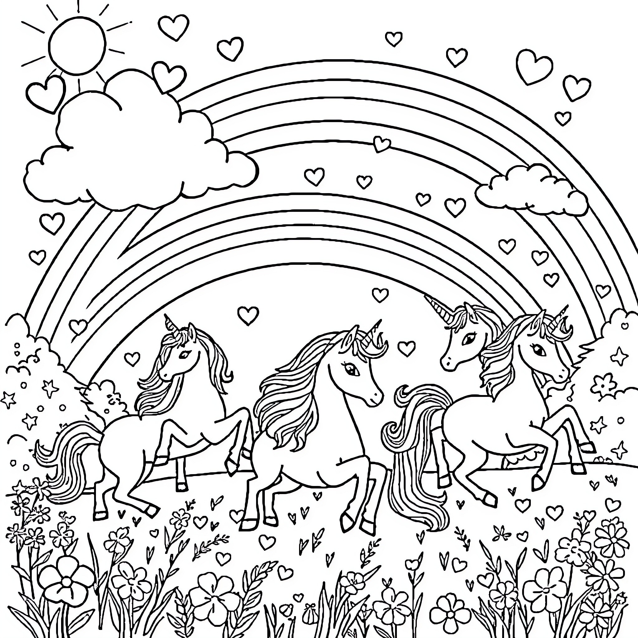 Unicorn Parade in Enchanted Meadow Coloring Page (free black-and-white line drawing printable PDF for all, from beginners to advanced learners, including children, teens, adults, and seniors)