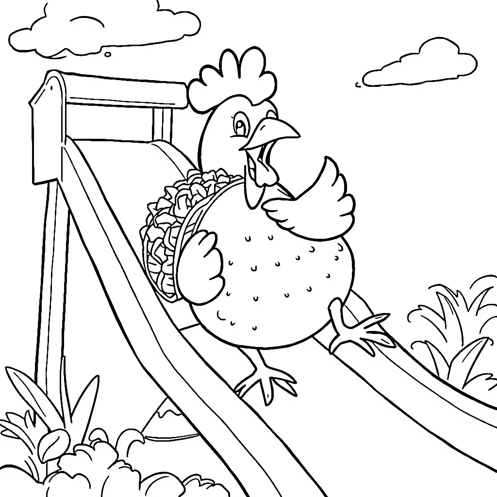 Chicken sliding happily down a ramp in the garden Coloring Page (free black-and-white line drawing printable PDF for all, from beginners to advanced learners, including children, teens, adults, and seniors)