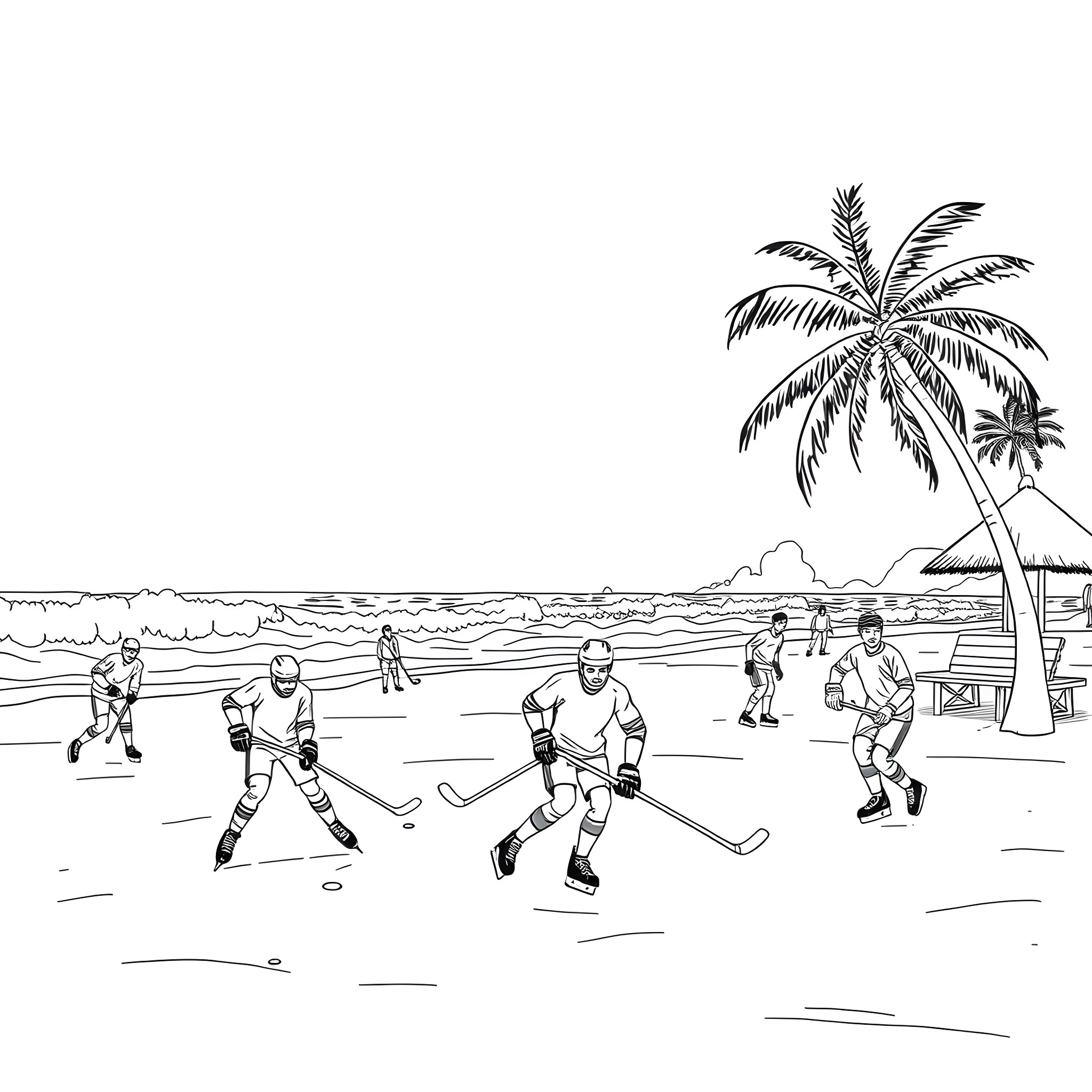 Ice Hockey Players on the Beach Coloring Page (free black-and-white line drawing printable PDF for all, from beginners to advanced learners, including children, teens, adults, and seniors)