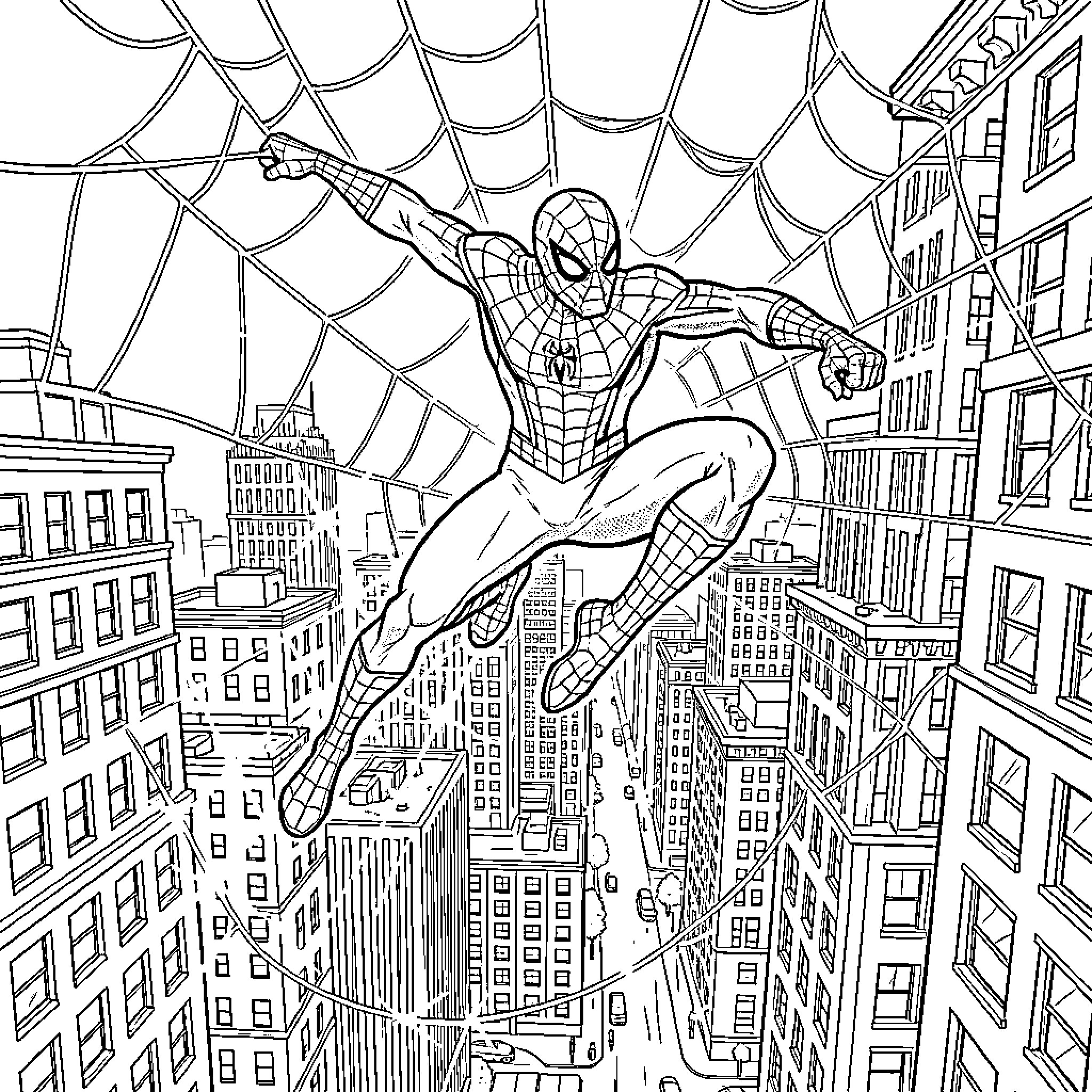 Spiderman swinging through the city skyscrapers Coloring Page (free black-and-white line drawing printable PDF for all, from beginners to advanced learners, including children, teens, adults, and seniors)