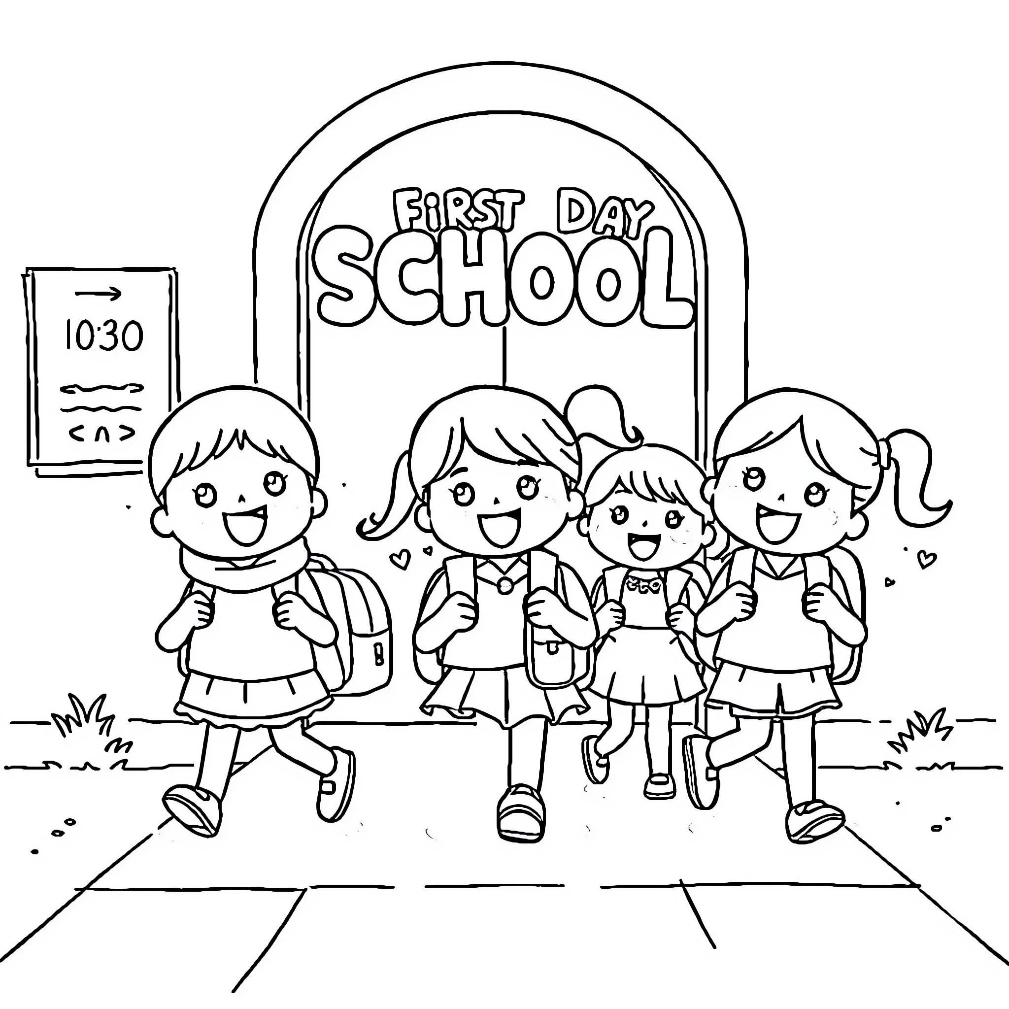 Kawaii Character Excited for First Day of School Coloring Page (free black-and-white line drawing printable PDF for all, from beginners to advanced learners, including children, teens, adults, and seniors)