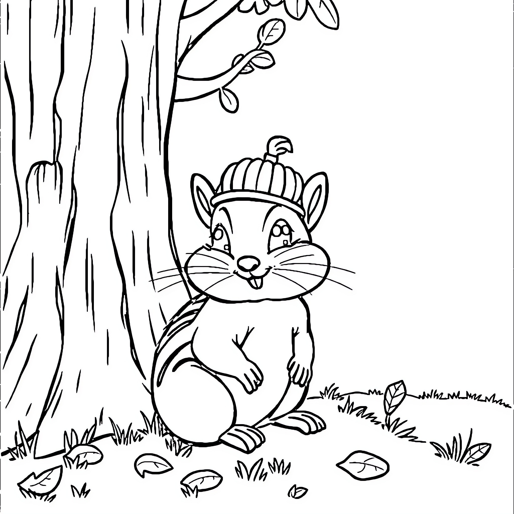 Chipmunk Happily Exploring the Forest Coloring Page (free black-and-white line drawing printable PDF for all, from beginners to advanced learners, including children, teens, adults, and seniors)