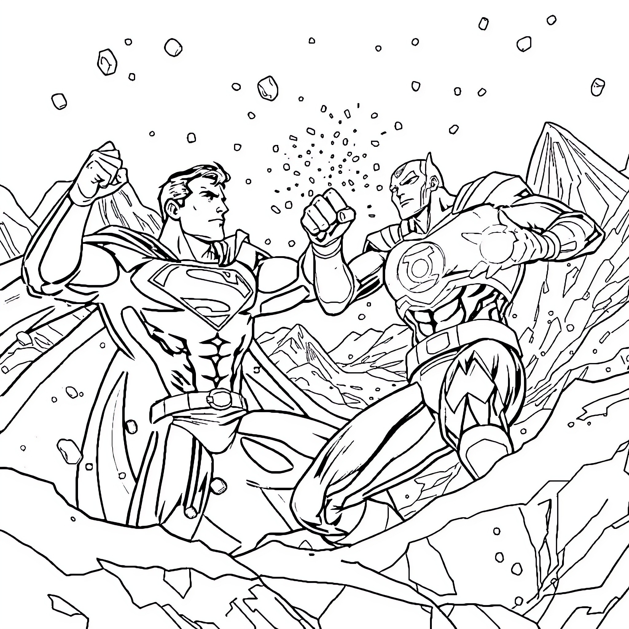 Superman battling a powerful opponent in an epic showdown Coloring Page (free black-and-white line drawing printable PDF for all, from beginners to advanced learners, including children, teens, adults, and seniors)