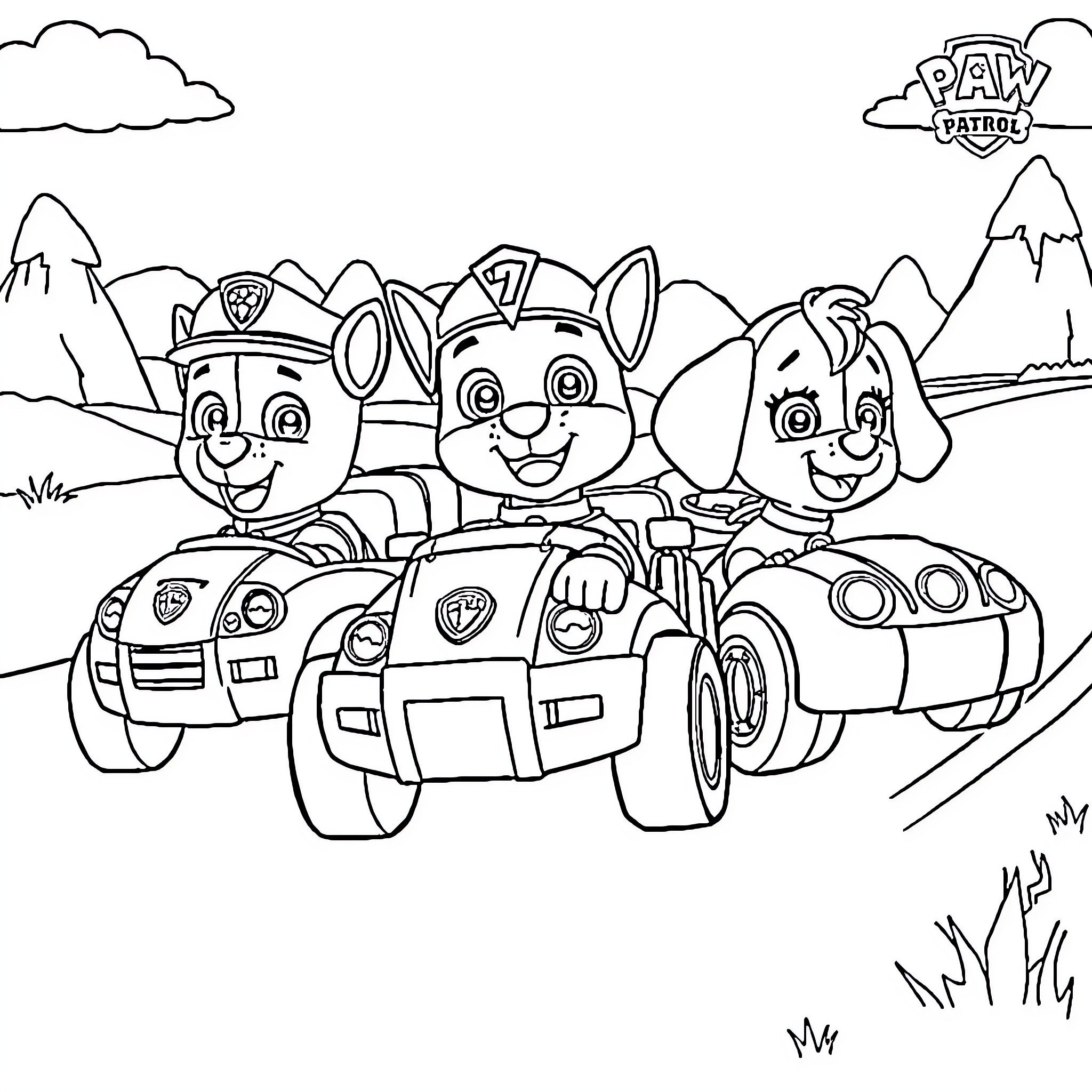 Paw Patrol Team's Adventure in Rescue Vehicles Coloring Page (free black-and-white line drawing printable PDF for all, from beginners to advanced learners, including children, teens, adults, and seniors)