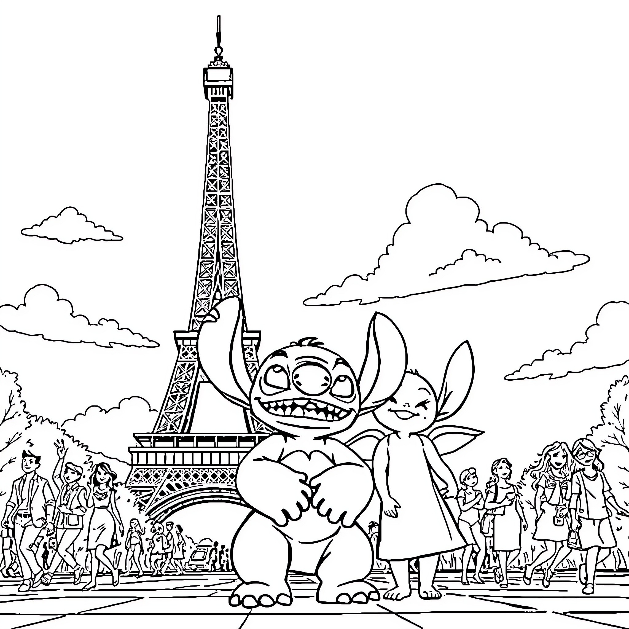 Lilo and Stitch's Parisian Adventure Coloring Page (free black-and-white line drawing printable PDF for all, from beginners to advanced learners, including children, teens, adults, and seniors)
