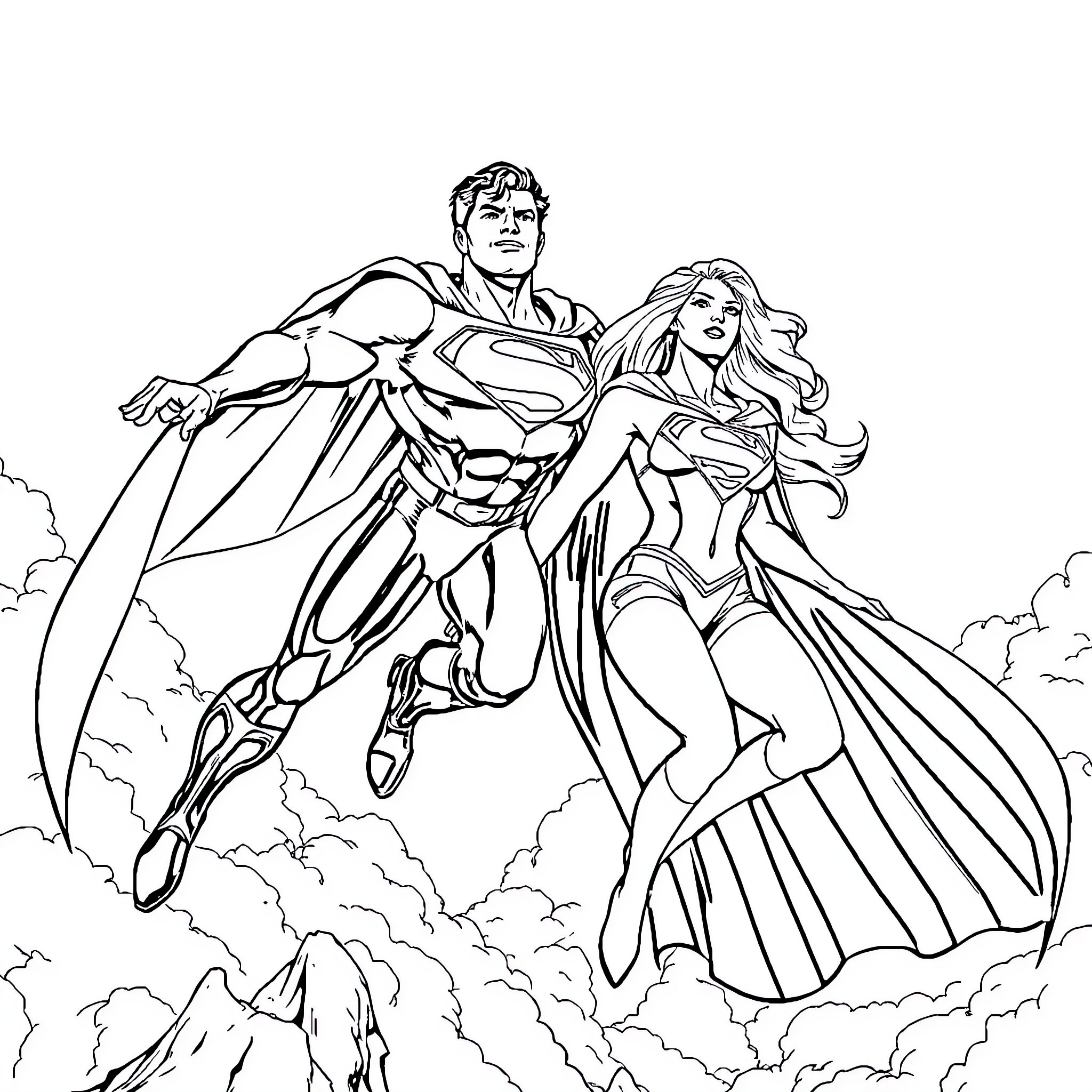 Superman and heroine flying together in the sky Coloring Page (free black-and-white line drawing printable PDF for all, from beginners to advanced learners, including children, teens, adults, and seniors)