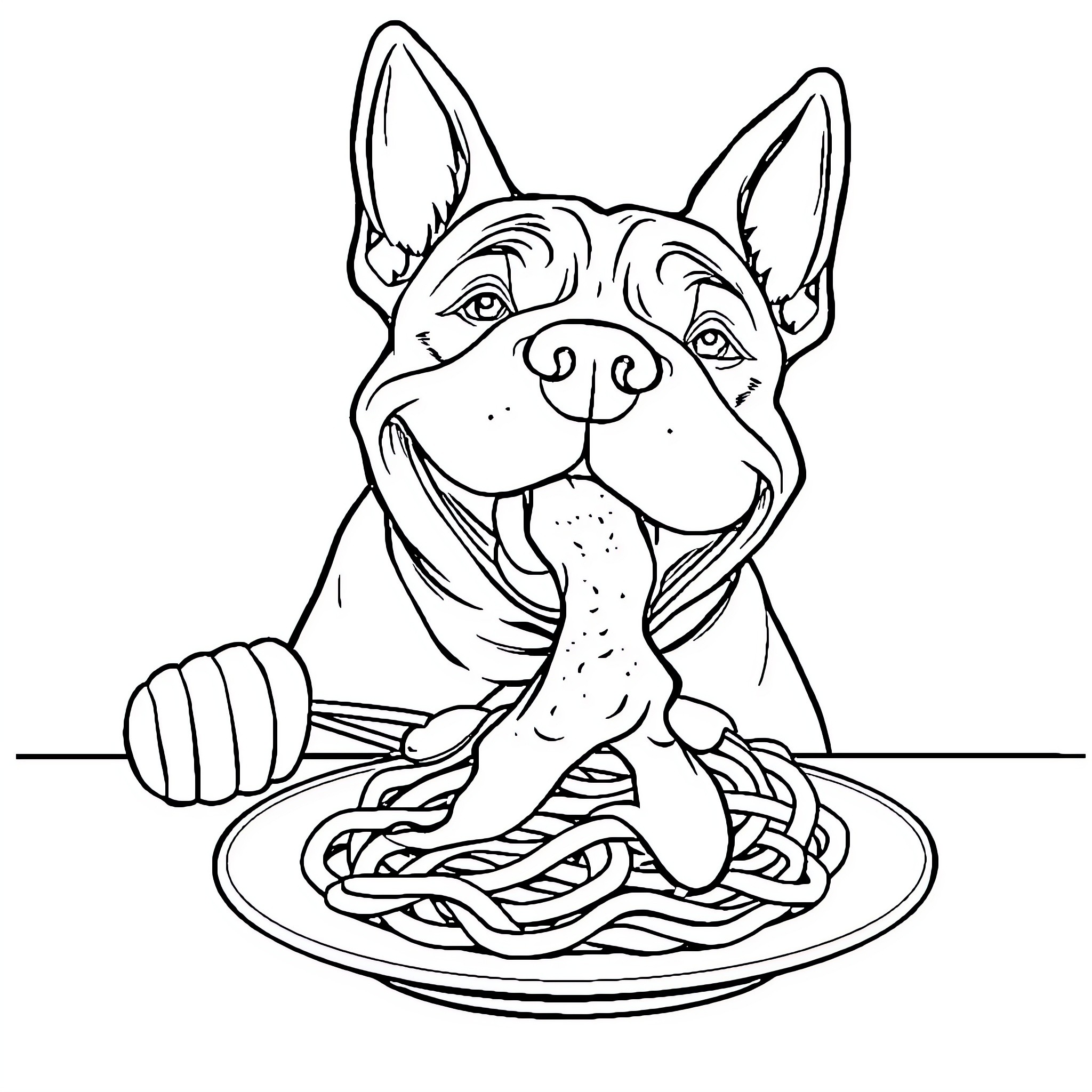 Staffy enjoying a spaghetti dinner Coloring Page (free black-and-white line drawing printable PDF for all, from beginners to advanced learners, including children, teens, adults, and seniors)