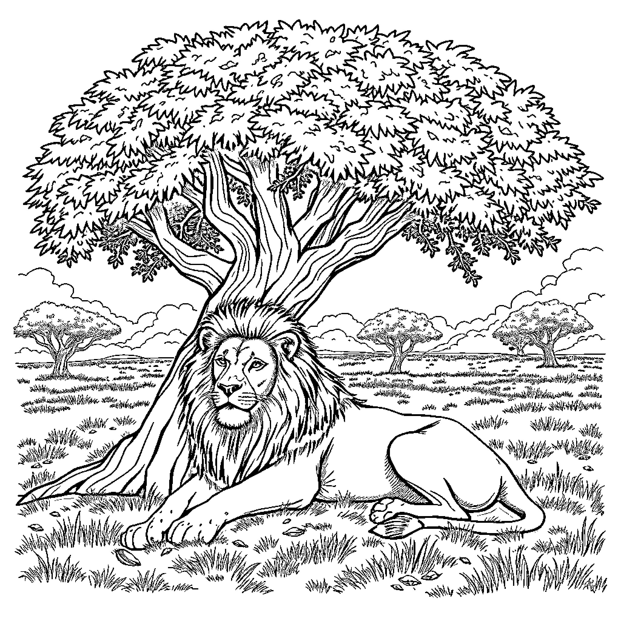 Lion resting peacefully under the tree in the savanna Coloring Page (free black-and-white line drawing printable PDF for all, from beginners to advanced learners, including children, teens, adults, and seniors)