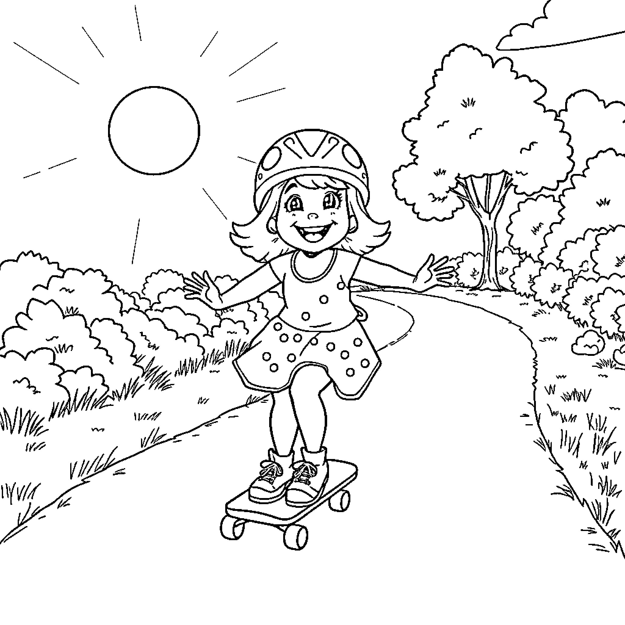 Betty White enjoying a sunny day on a skateboard Coloring Page (free black-and-white line drawing printable PDF for all, from beginners to advanced learners, including children, teens, adults, and seniors)
