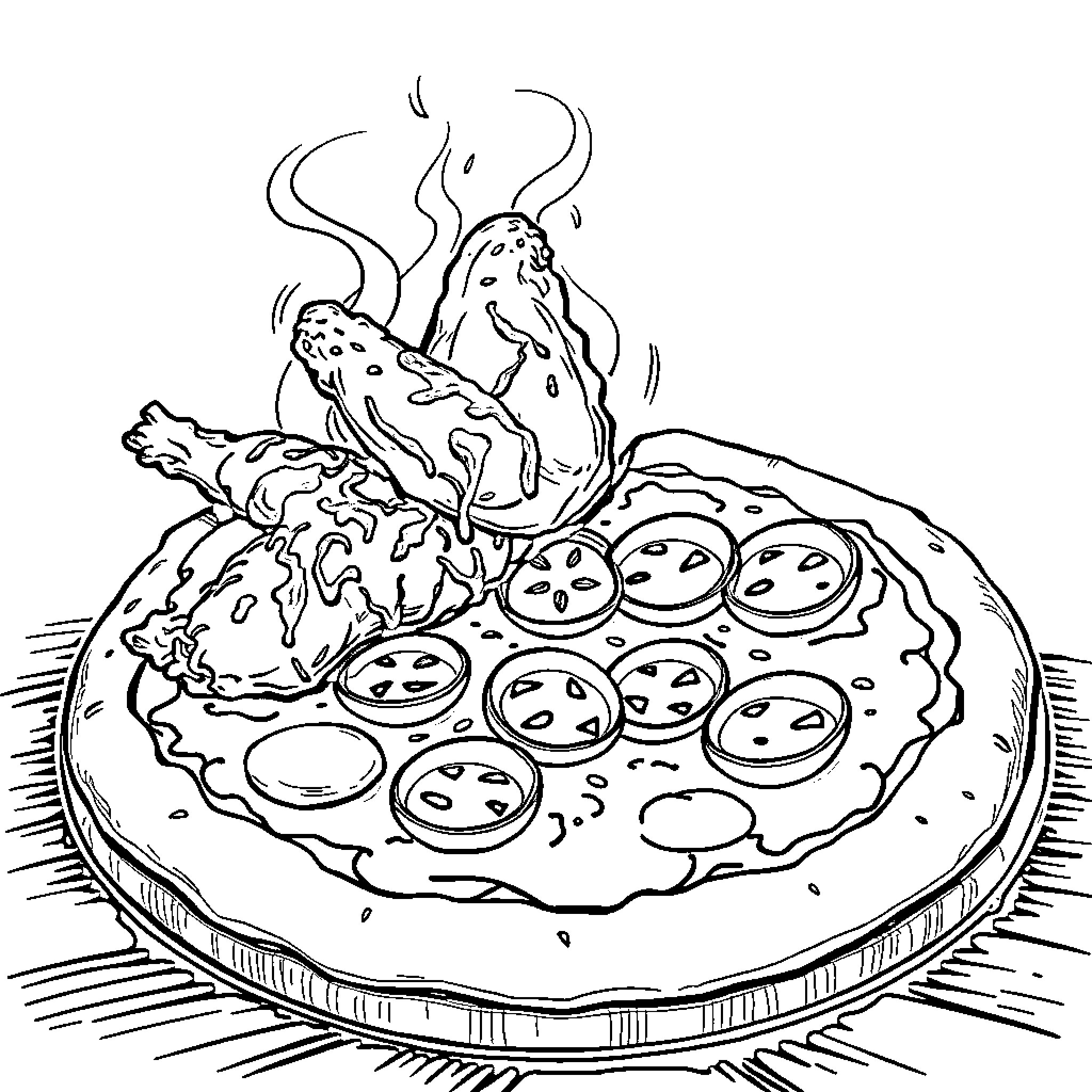 Chicken Wings Sizzling on a Flavorful Pizza Coloring Page (free black-and-white line drawing printable PDF for all, from beginners to advanced learners, including children, teens, adults, and seniors)