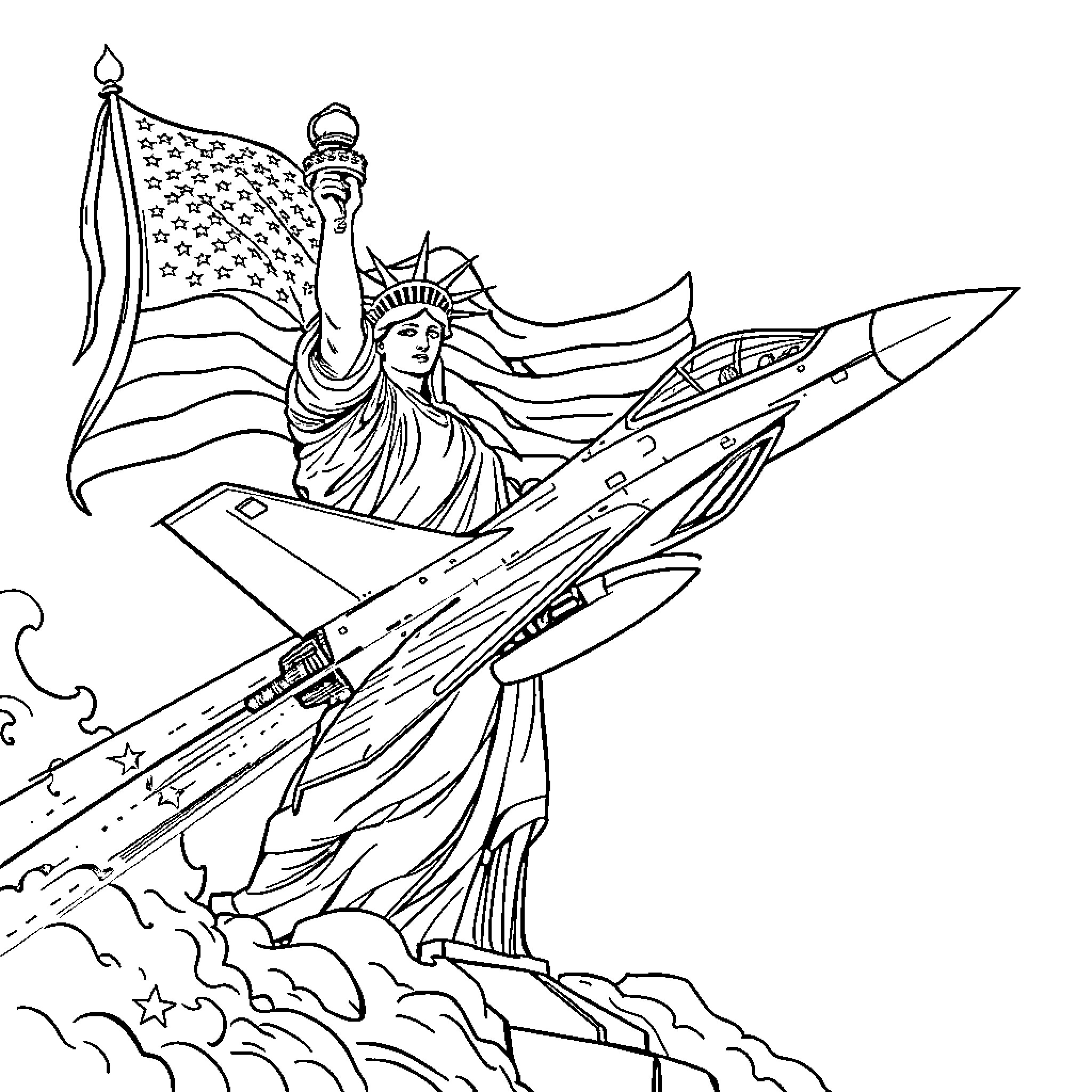 Fighter Jet soaring with Statue of Liberty in the sky Coloring Page (free black-and-white line drawing printable PDF for all, from beginners to advanced learners, including children, teens, adults, and seniors)