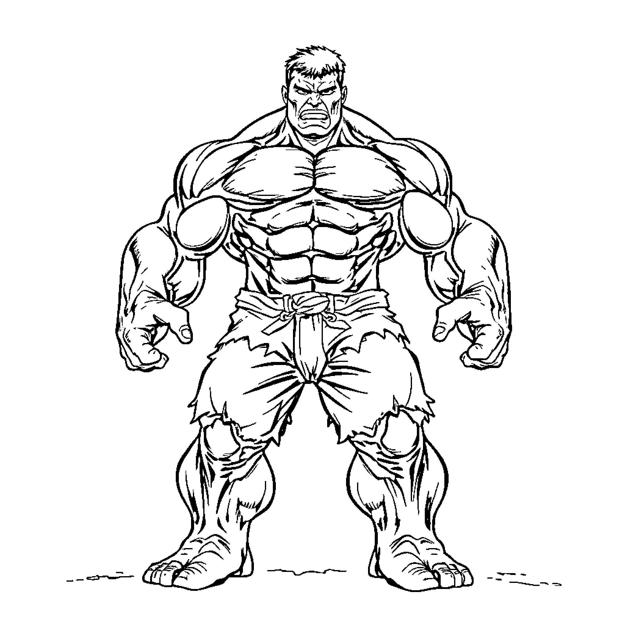 Hulk striking a heroic and powerful pose Coloring Page (free black-and-white line drawing printable PDF for all, from beginners to advanced learners, including children, teens, adults, and seniors)