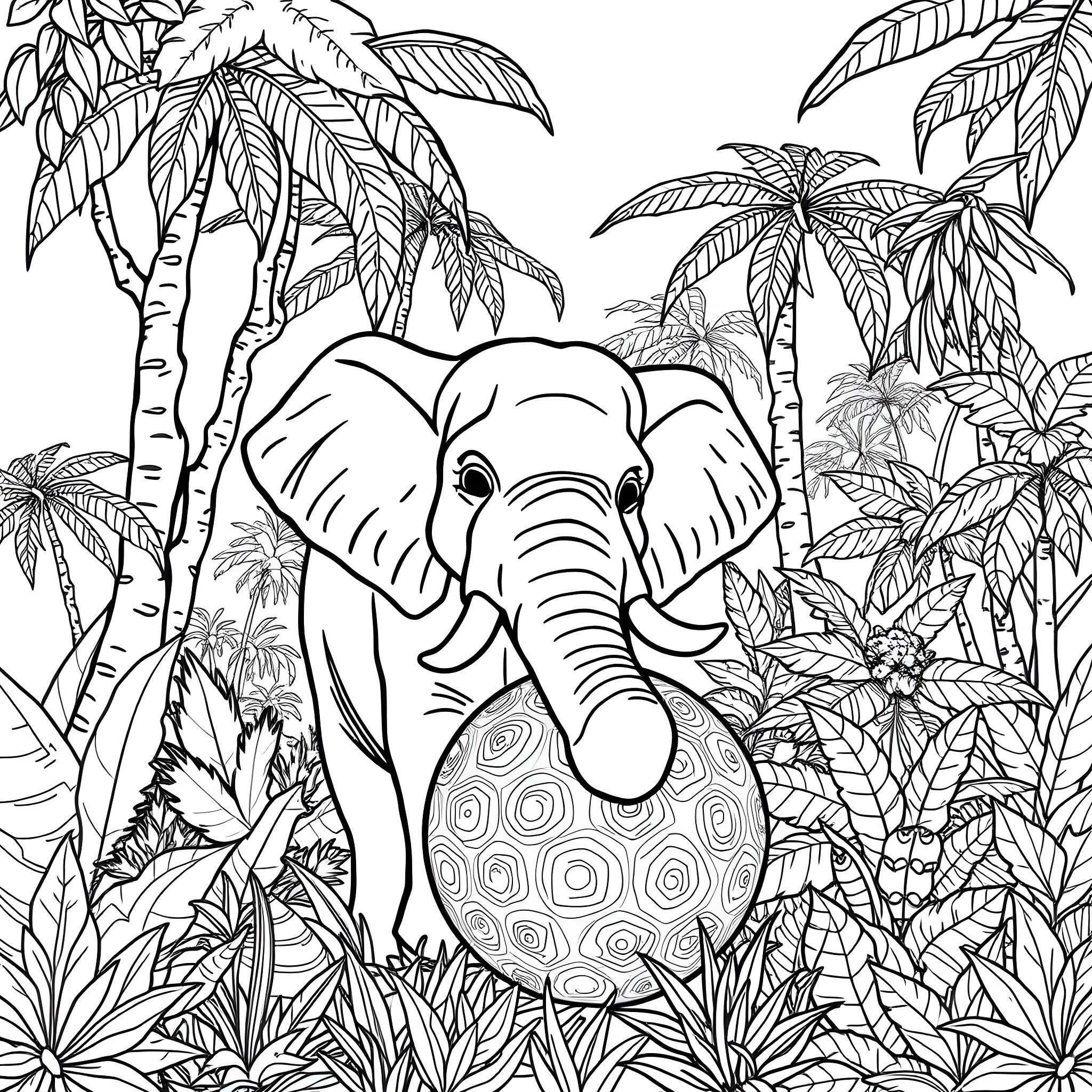 Elephant Amid Tropical Foliage Coloring Page (free black-and-white line drawing printable PDF for all, from beginners to advanced learners, including children, teens, adults, and seniors)
